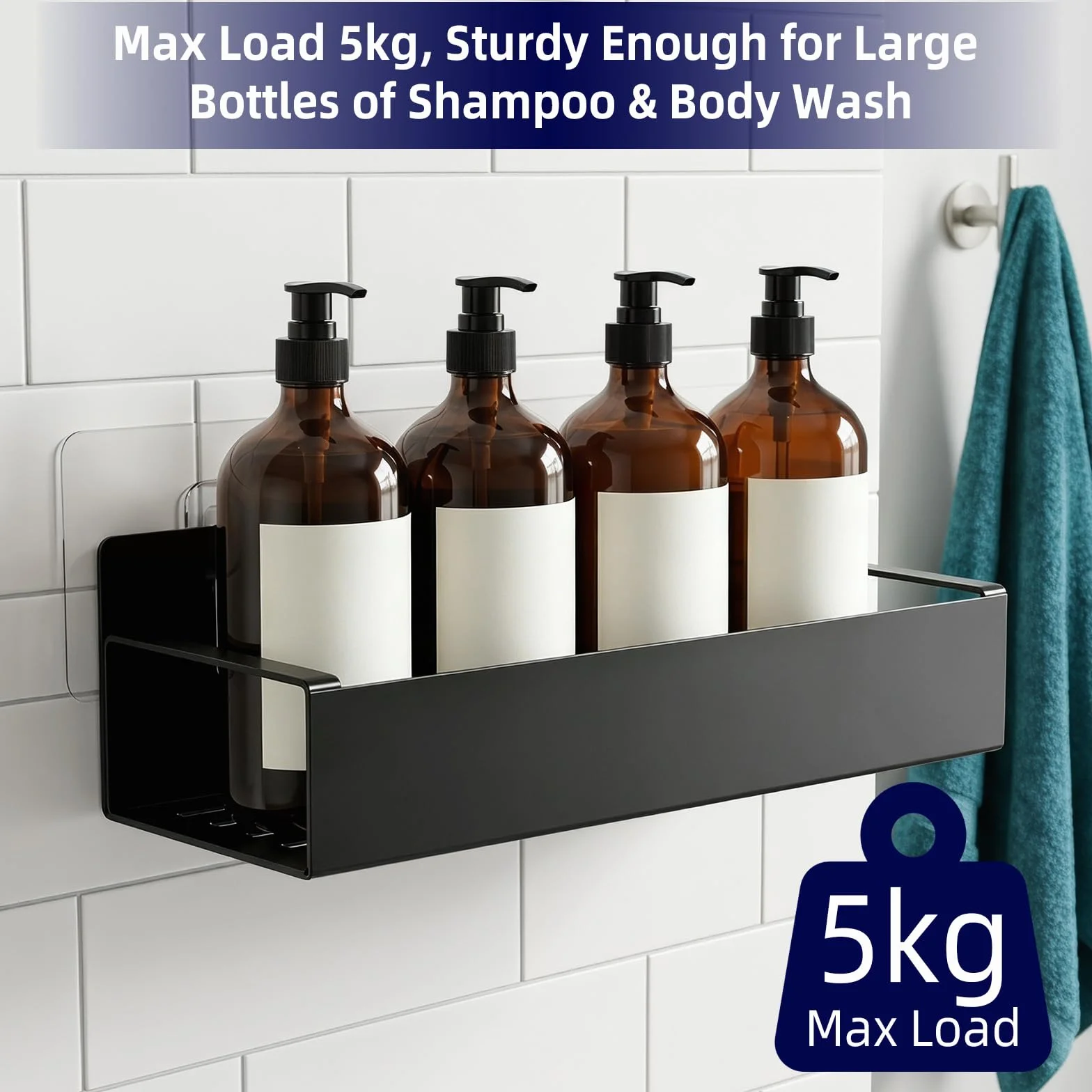 Estantería de Ducha sin Taladrar, Estantería de Baño en Acero Inoxidable con 4 Ganchos Extraíbles, Negro