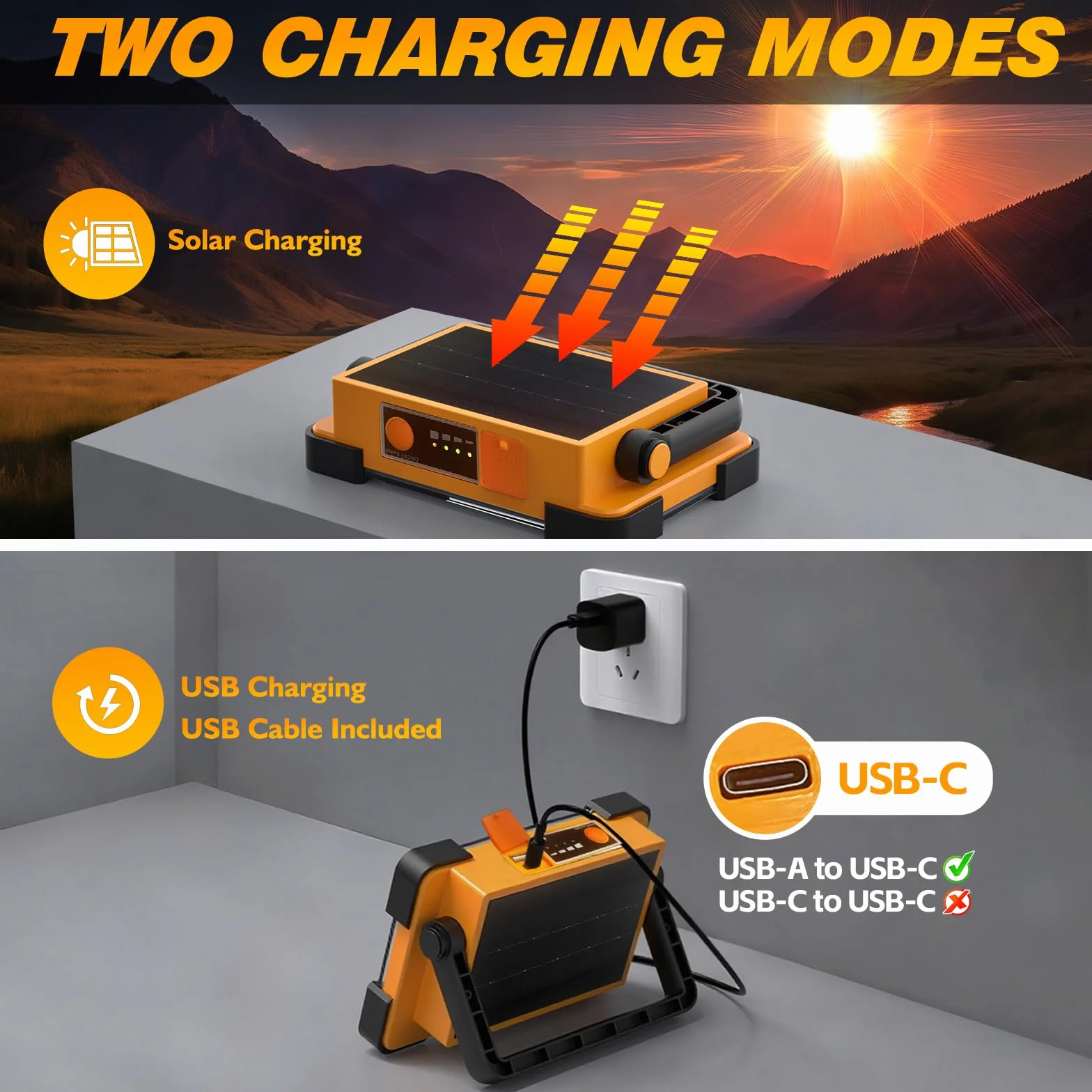 Foco LED Recargable Solar, 4 Modos Luz LED Recargable de Exterior, 6000 mAh Impermeable Luz de Trabajo Portátil para Camping, Jardín, Pesca, Garaje, Emergencia