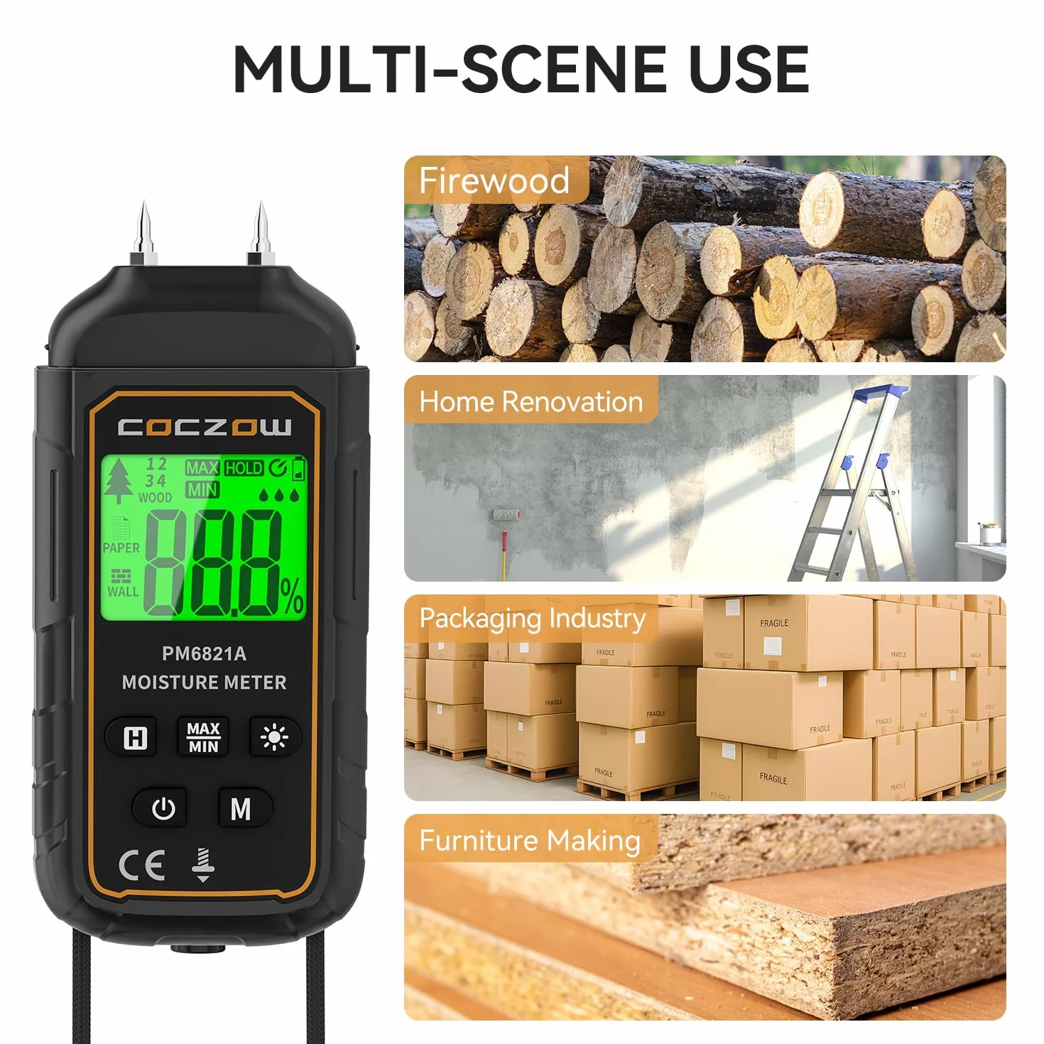 Medidor de Humedad, Medidor de Humedad Pared, Adecuado Para la Determinación Rápida del Contenido de Humedad de Madera, Papel, Pladur, Pantalla LCD con Luz de Fondo, Apagado Automático