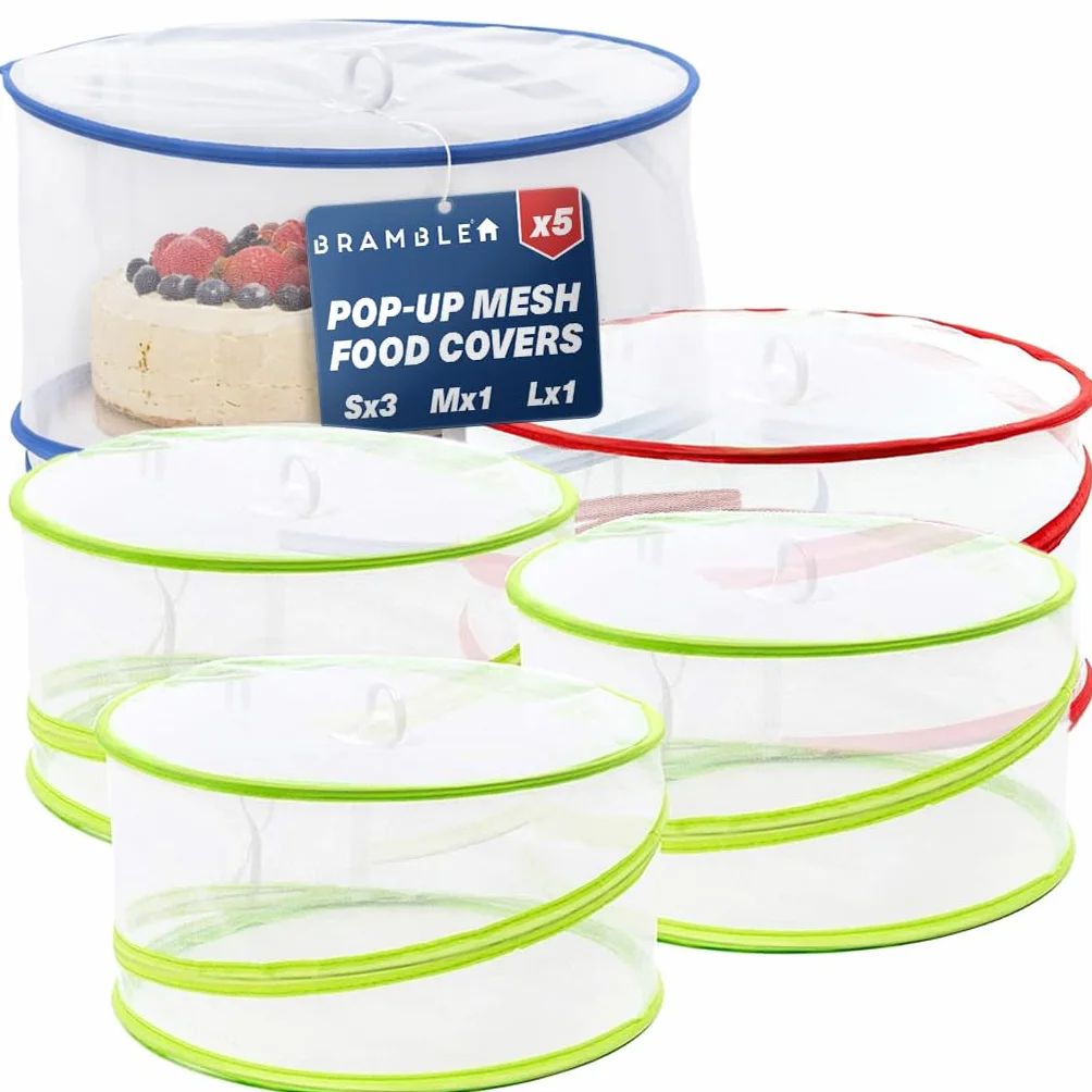 Bramble - 5 Pop-Up Cubre Platos Anti - Mosquitera, Plegable Frutero Tapa Antimoscas - Cubre Platos, Cubre Tartas - 3 Tamaños Diferentes