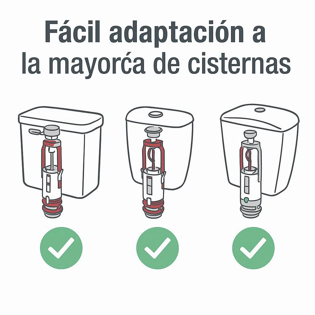 Jimten - Mecanismo Universal de Descarga WC Doble Pulsador S-584| Ahorro de Agua 3/6 L | Compatible con Cisternas Roca, Gala, etc. | Fácil Instalación y Altura Regulable