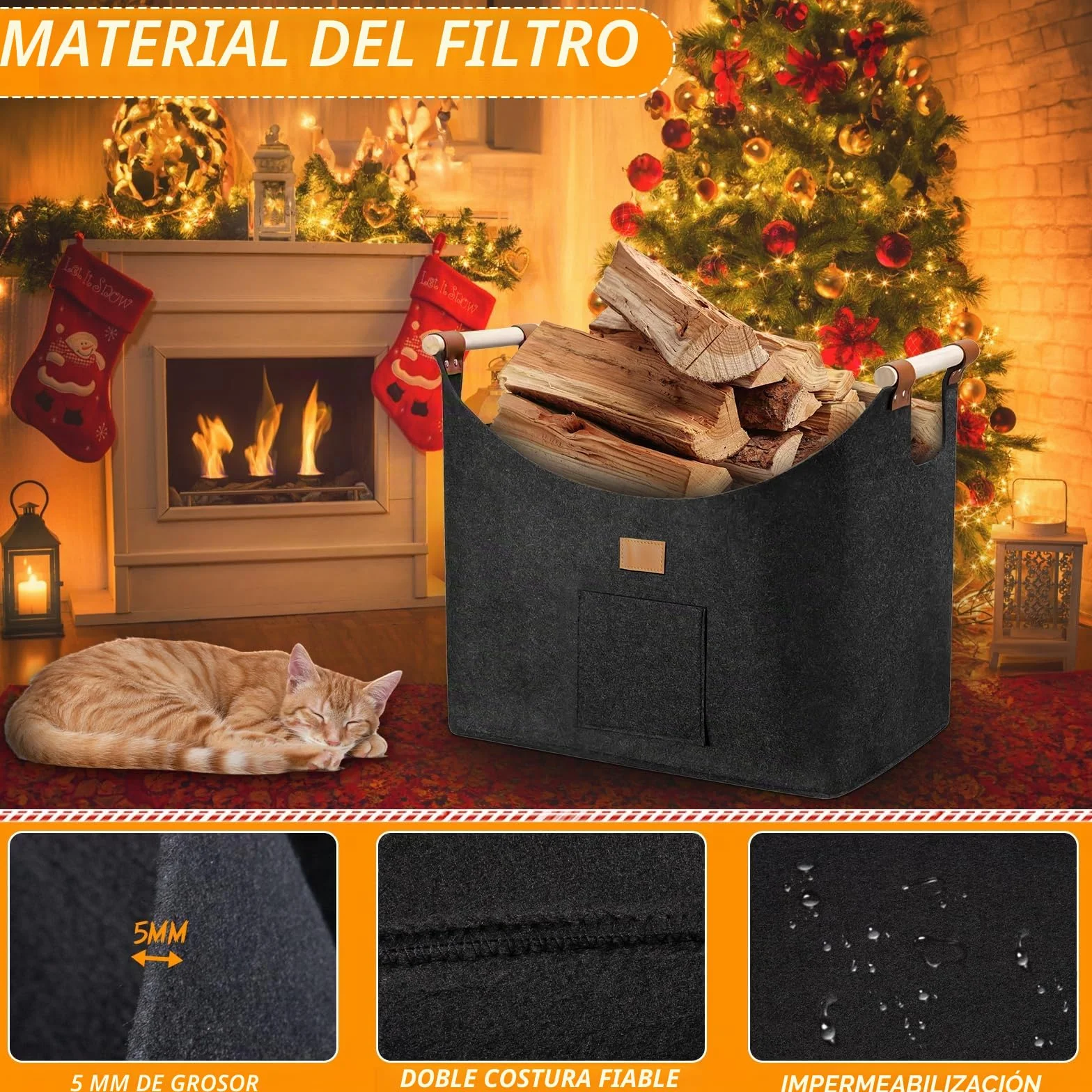 Cesta de Leña, 96L Cesta para Leña de Chimenea, Plegable Bolsa de Fieltro para Leñas, Cesta para Leñas con Asas, 60x40x40 Cestas Leñas, Cestas de Fieltro para Leñas de Chimenea, Gris Oscuro
