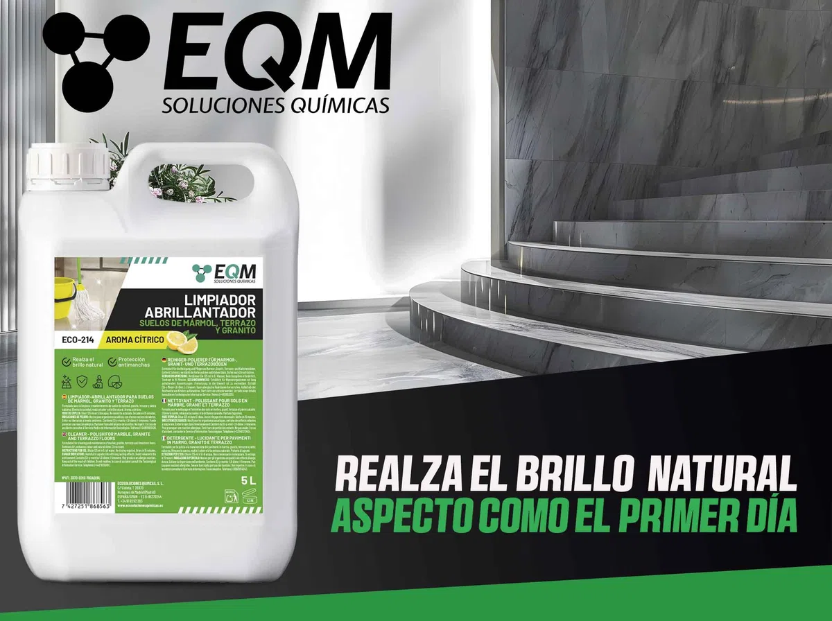 EQM SOLUCIONES QUIMICAS - ECO-214 - Limpiador Abrillantador para Suelos de Mármol, Granito y Piedra natural - 5L - Realza el color y el brillo propio, devolviendo su aspecto original