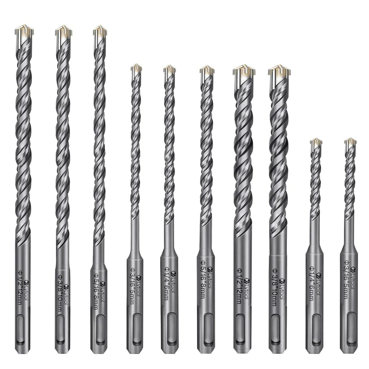 10 pieza Juego de Brocas SDS-Plus, Lytool Profesional Brocas Hormigón de Cruceta para Taladrar en Hormigón, Piedra Natural, Mampostería (5, 6, 8, 10, 12 mm)
