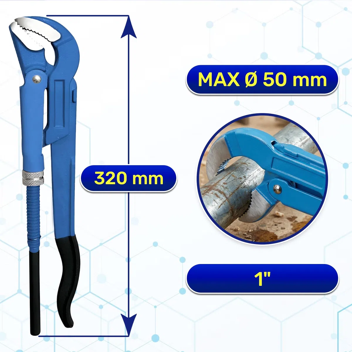 MONTERAL Llave para Tubos de 1" Tipo S 320 mm - Llave Pico Loro Fabricada en Acero Aleado al Cromo-Vanadio CrV - Cumple con Norma DIN 5234