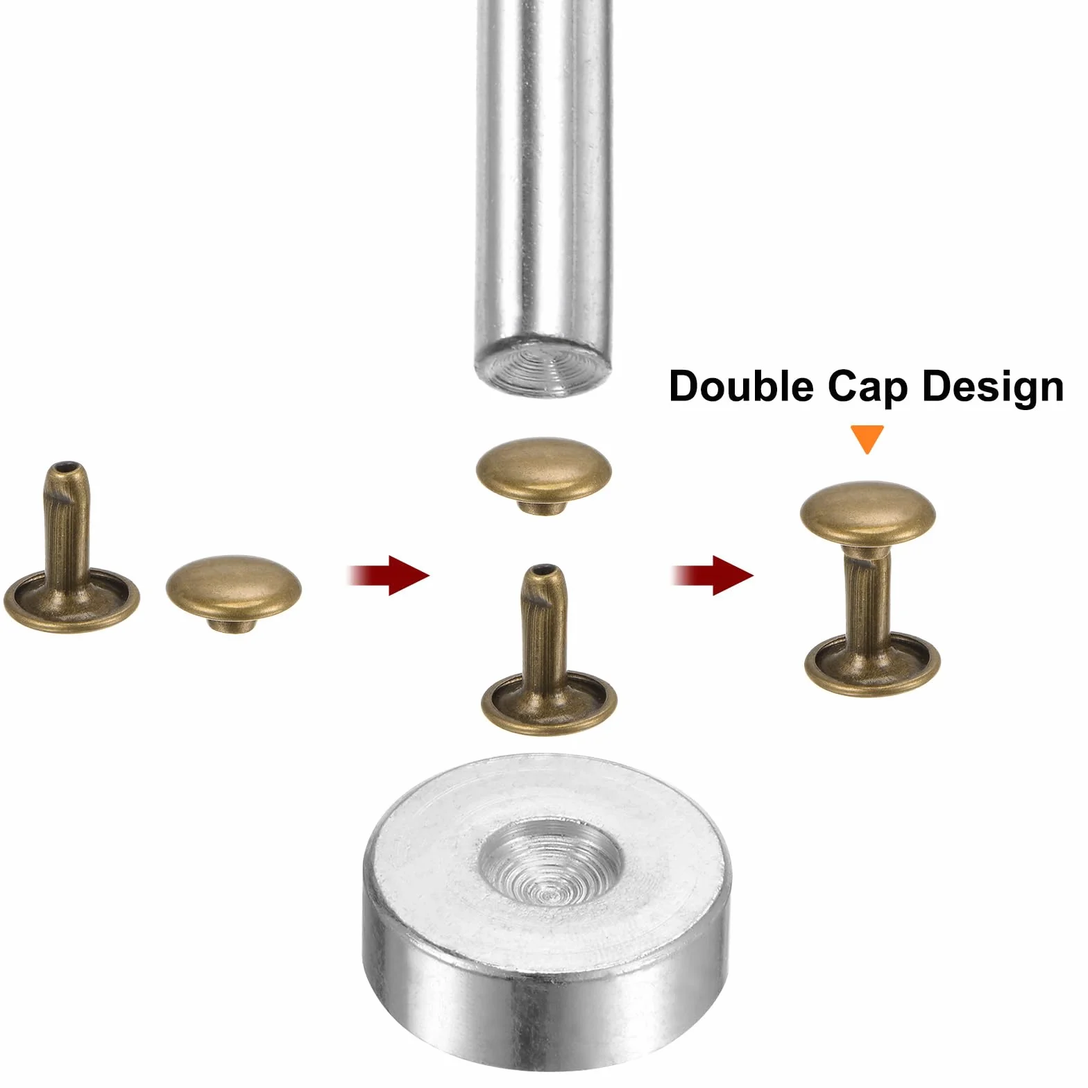 QUARKZMAN 200 Juegos Remaches de Cuero 8 x 8 mm Remaches de Metal de Doble Tapa Broches de Presión Sujetadores con 3 Herramientas de Instalación para Cuero Manualidades Bronce