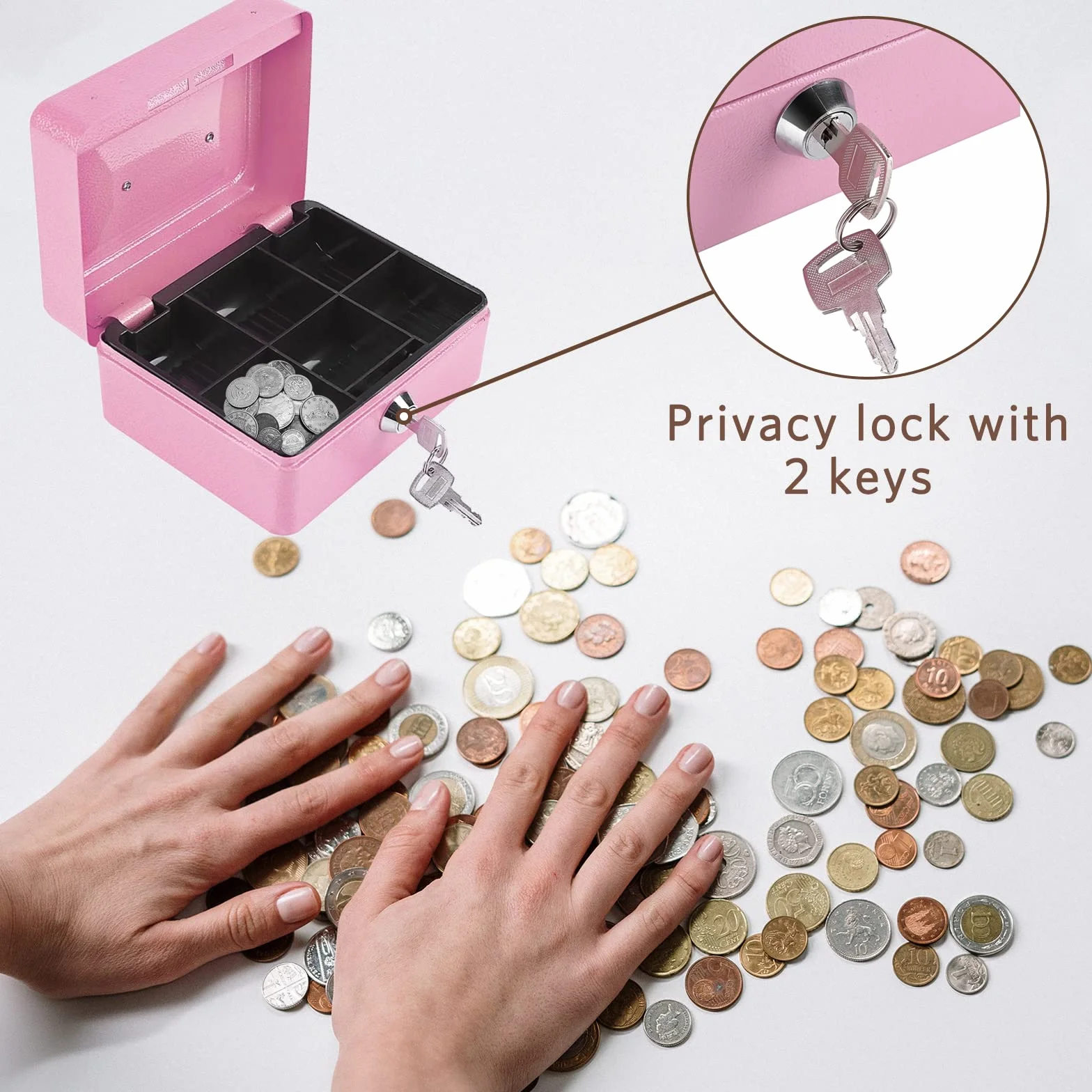 HERCHR Caja de seguridad para dinero, Caja fuerte portatil 15 cm de ancho Con bandeja portamonedas y 2 llaves, Organizador de Efectivo con Cerradura y Compartimento Interior, Caja Fuerte para Dinero
