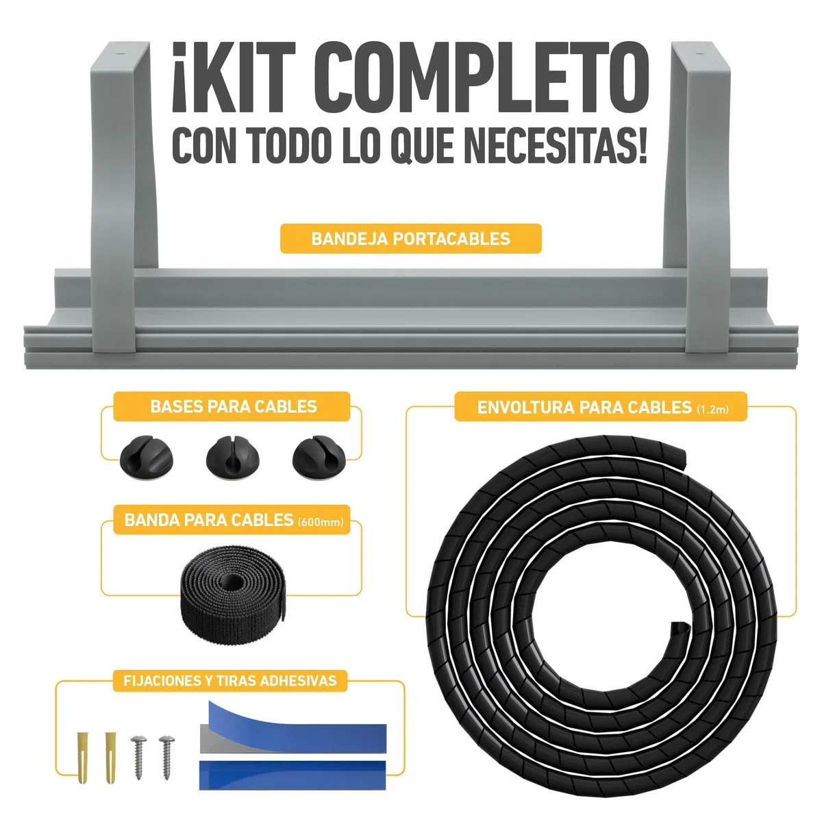 D-Line Kit Organizador de Cables – Bandeja para Cables bajo Escritorio con Envoltura en Espiral, Banda y Clips – Fácil de Instalar, Reduce el desorden y Organiza el Espacio