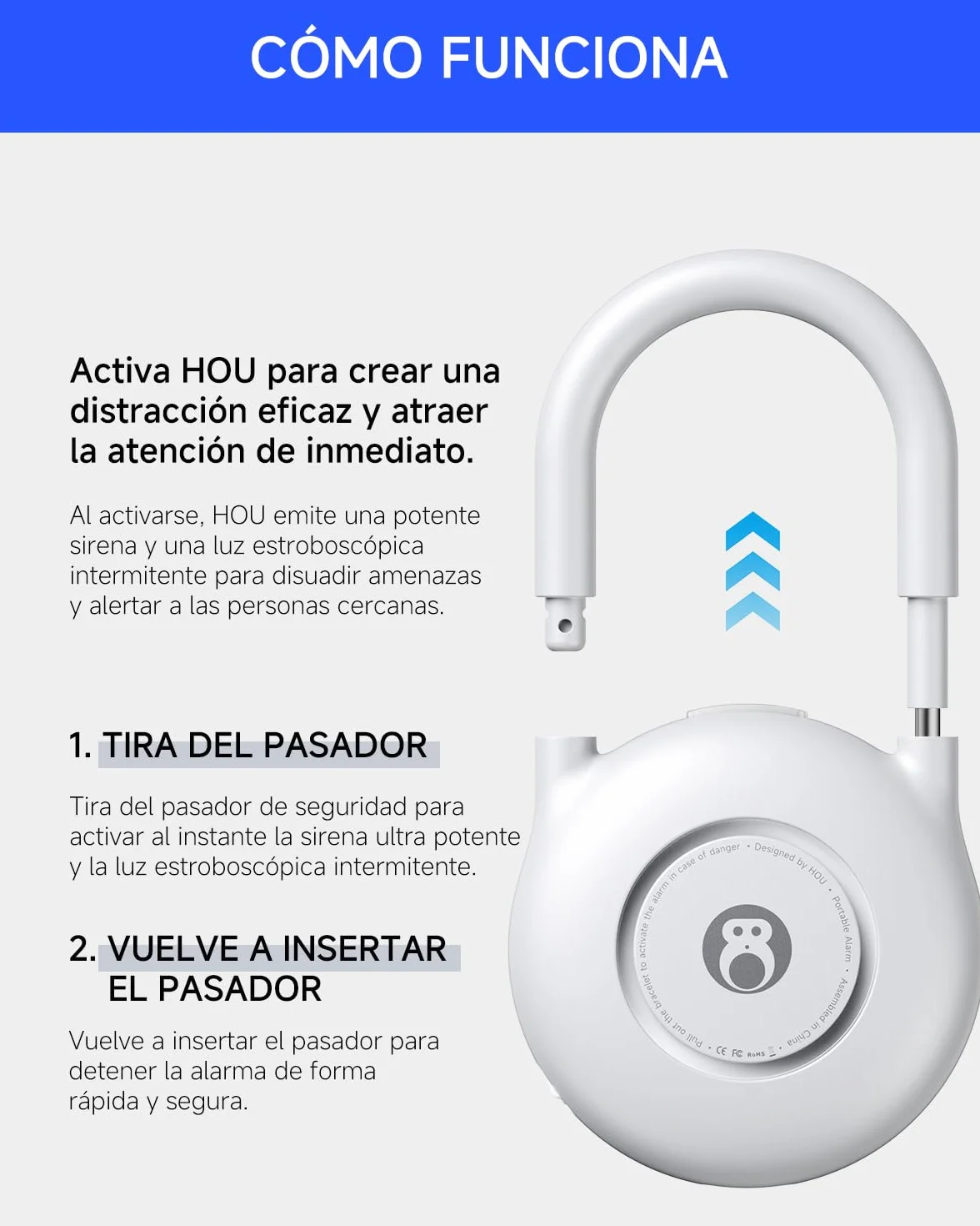 HOU Alarma Personal 130dB Llavero Defensa Personal con Luz LED Sirena SOS