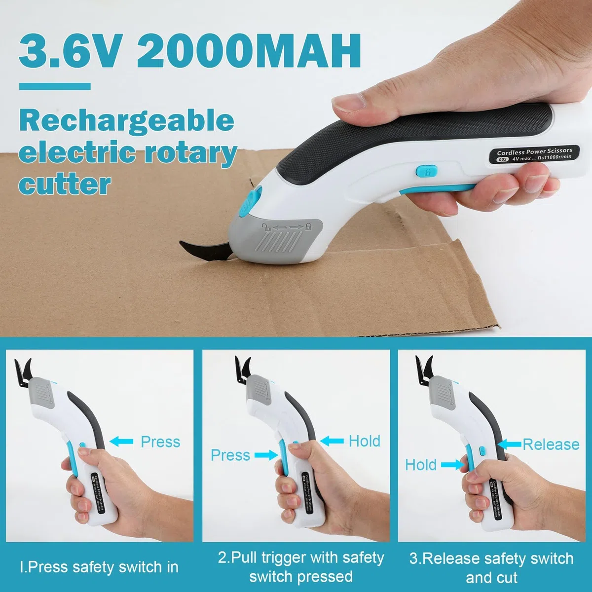 VOBOR Tijeras Electrica Costura, Inalámbrica Ecargables USB, Hojas de Acero de Tungsteno, 2000mAh Cortador de Tela Para Cartón Cuero Alfombra PVC