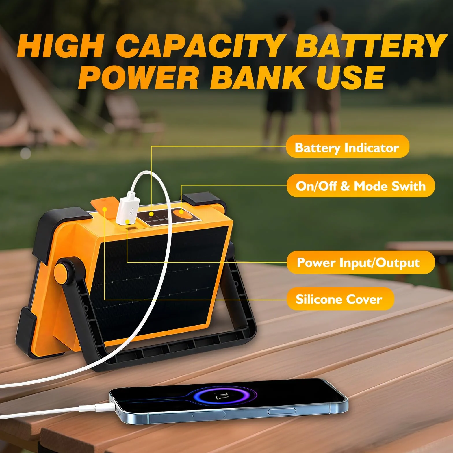 Foco LED Recargable Solar, 4 Modos Luz LED Recargable de Exterior, 6000 mAh Impermeable Luz de Trabajo Portátil para Camping, Jardín, Pesca, Garaje, Emergencia