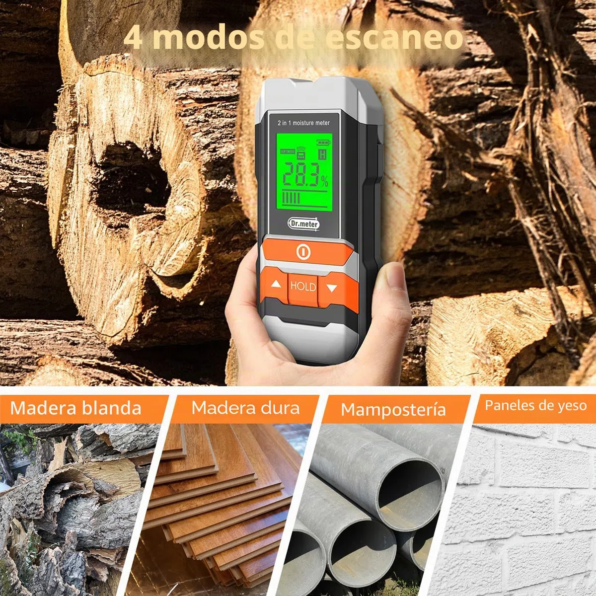 Medidor de Humedad, Dr.meter 2 in 1 Sin Pines Medidor Humedad Pared con Pantalla LCD 4 Modos de Medición para Madera, Material de Construcción, Paredes de Leña, Suelo de Papel