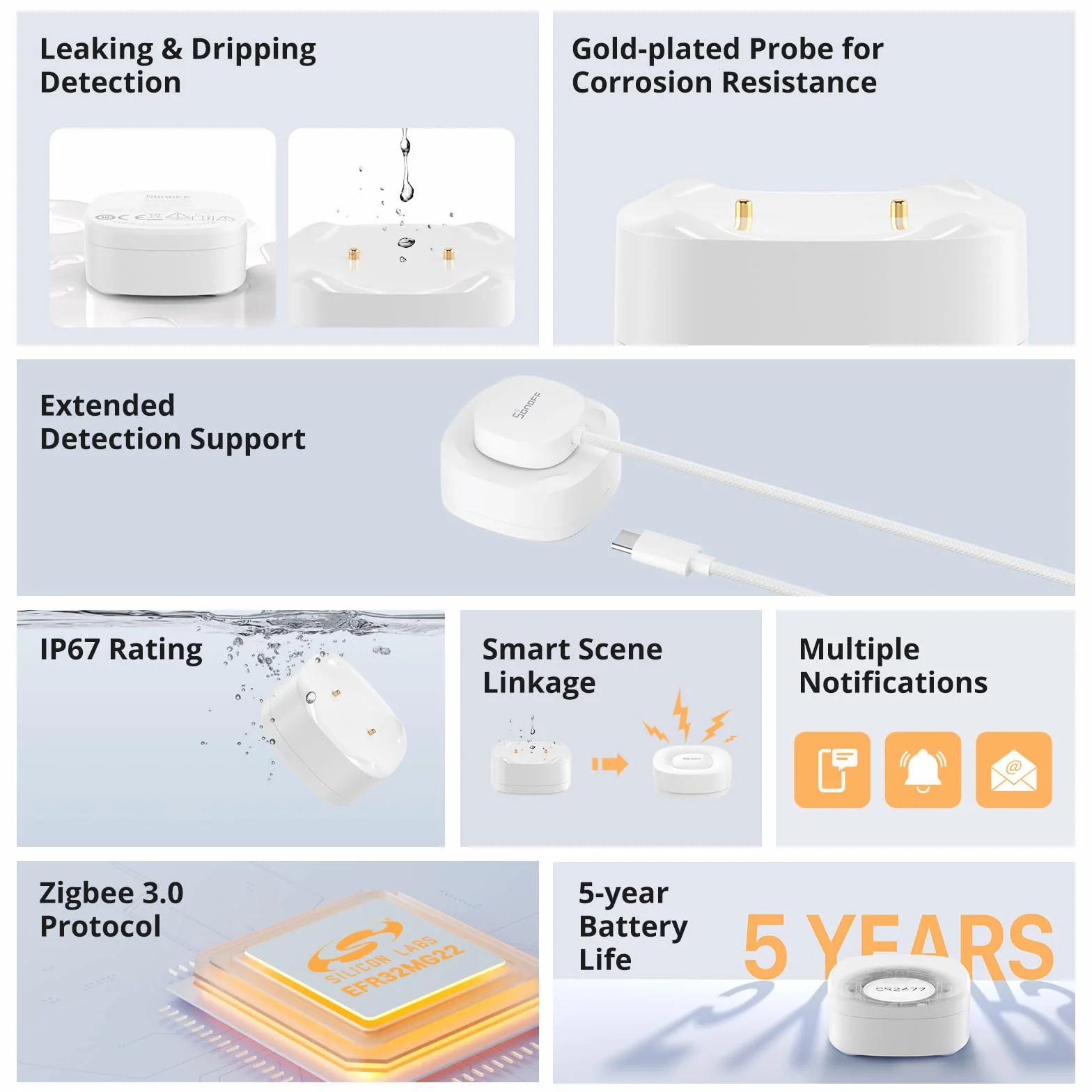 SONOFF SNZB-05P Detector de Agua Zigbee, Sensor de Agua para Hogares Inteligentes, Detector de Agua para Cocinas, Sótanos y Baños, Monitor de Agua Compatible con Alexa y Google , Requiere Hub Zigbee.