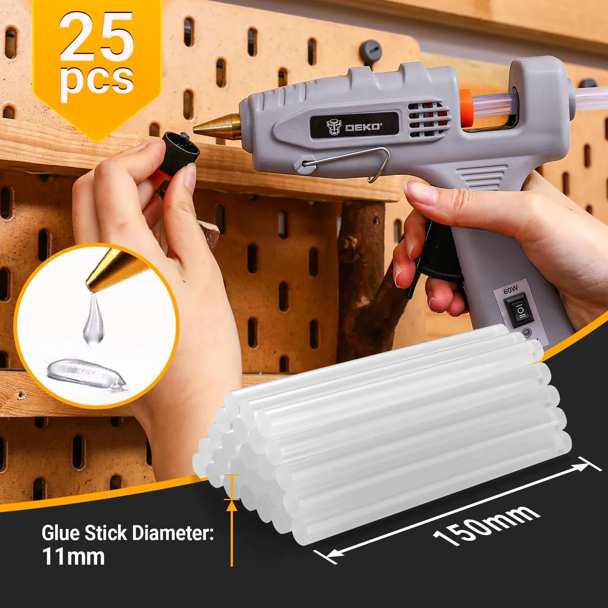 DEKO Pistola Silicona Caliente, 60/100W Doble Temperatura Pistola Silicona con una blosa, Pistola Pegamento Caliente con 25 PCS Barras de Pegamento, para DIY, Arte, Escuela, Empaques, Reparaciones