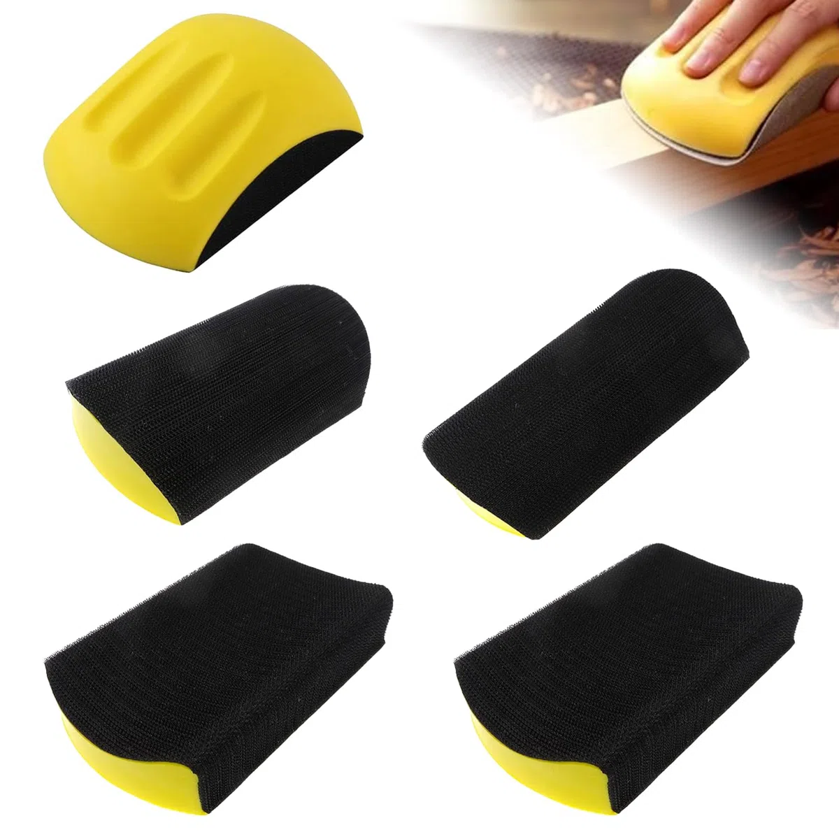 5 Piezas y 6 Pulgadas Taco de Lijado Manual, Espuma de PU + Plástico, Mango Ergonómico, para Pulir Madera y Lijado Fino, Adecuado para Madera, Azulejos, Metal, Vidrio (Amarillo)