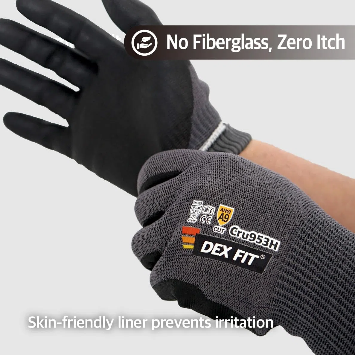 DEX FIT Guantes anticorte Cru953H, ANSI A9, EN388 4X44F, sin fibra de vidrio, Power Grip de nitrilo espumado (base agua), ajuste 3D, táctiles, lavables, 13-gauge; Blackgrey M 1 Pair