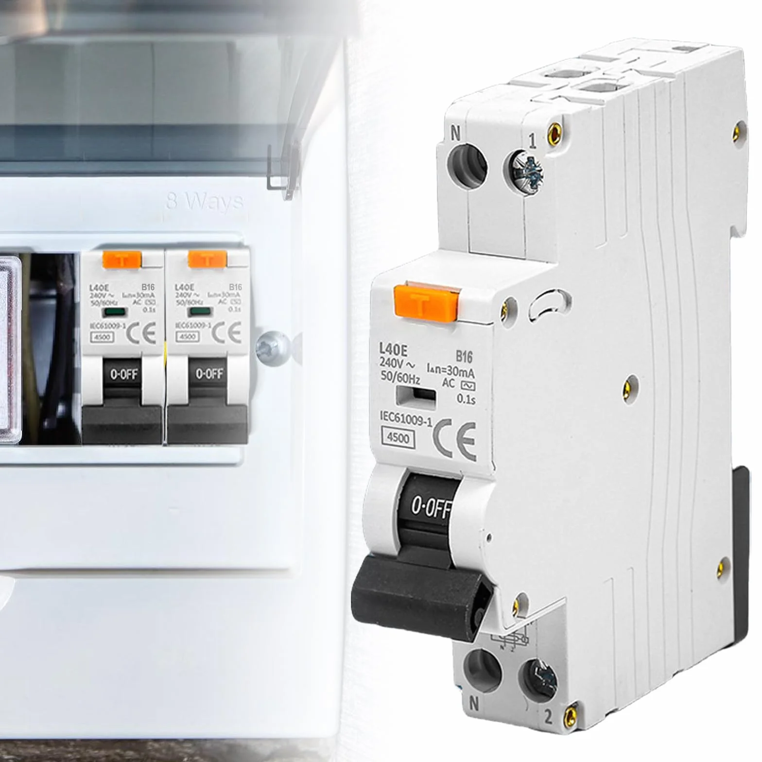 Interruptor FI/LS 30mA - Disyuntor diferencial - 6 kA 1P+N tipo A B16/0,03 30 mA - GOMETY - Con disyuntor RCBO 16A - Corriente nominal RCD - 230 V - Tipo A - Montaje en riel DIN - Curva B