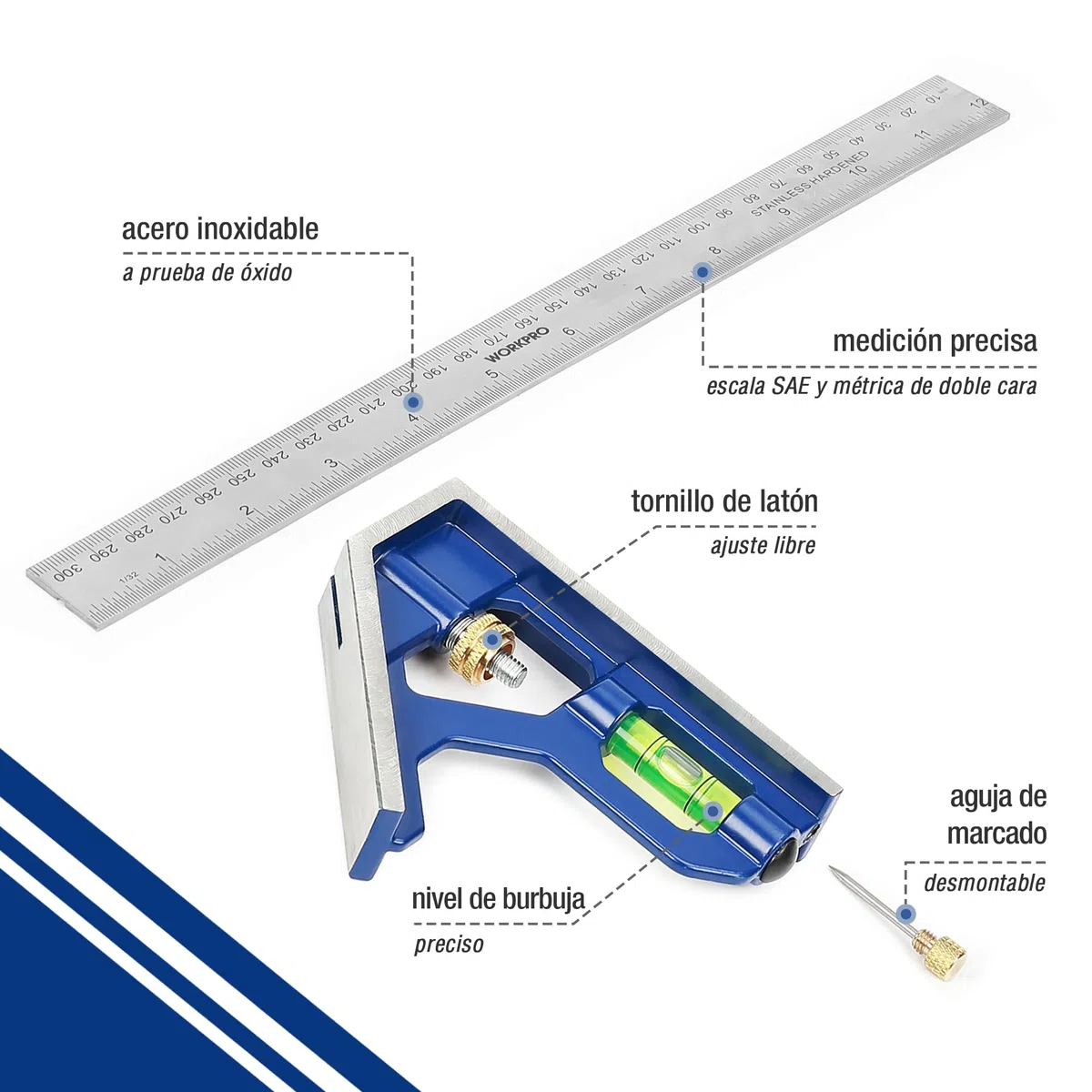 WORKPRO Escuadra Carpintero, Escuadra Combinada Ajustable, Regla de Ángulo de Acero Inoxidable de 300 mm, con Nivel de Burbuja, Escuadra para Carpintería Herramienta de Medición Multifuncional