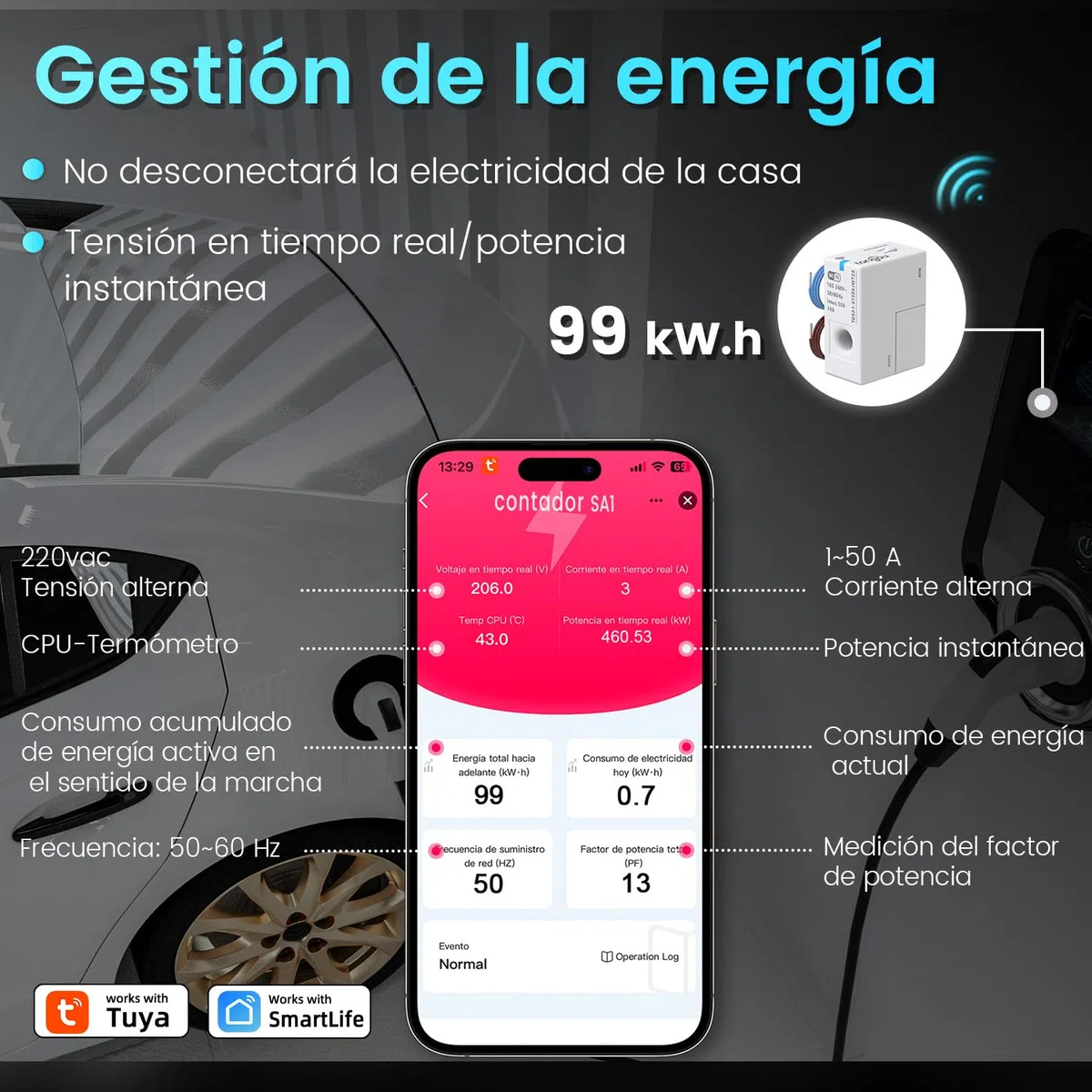 Tongou Monitor de energía WiFi, medidor de energía Smart Wifi, 1 fase, transformador de corriente con detección CT para hasta 50 A, medidor de energía mediante aplicación Smart Life, medición de