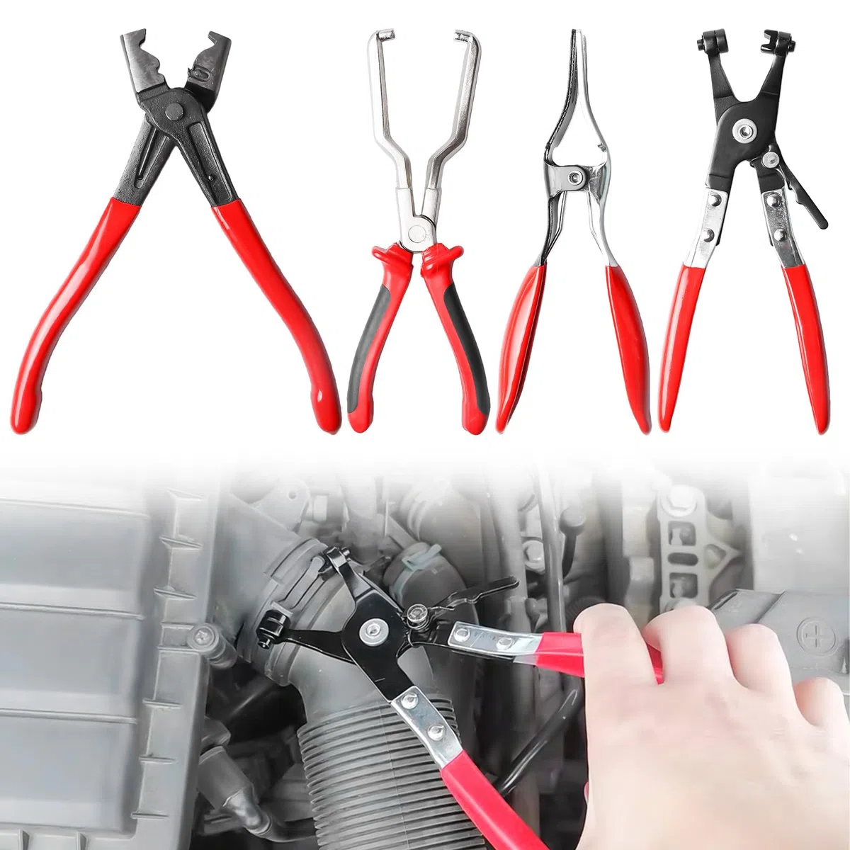 4 alicates de abrazadera de manguera: alicates de abrazadera de manguera con cuello recto, juego de alicates de abrazadera para coche, alicates para quitar mangueras, alicates para reparación