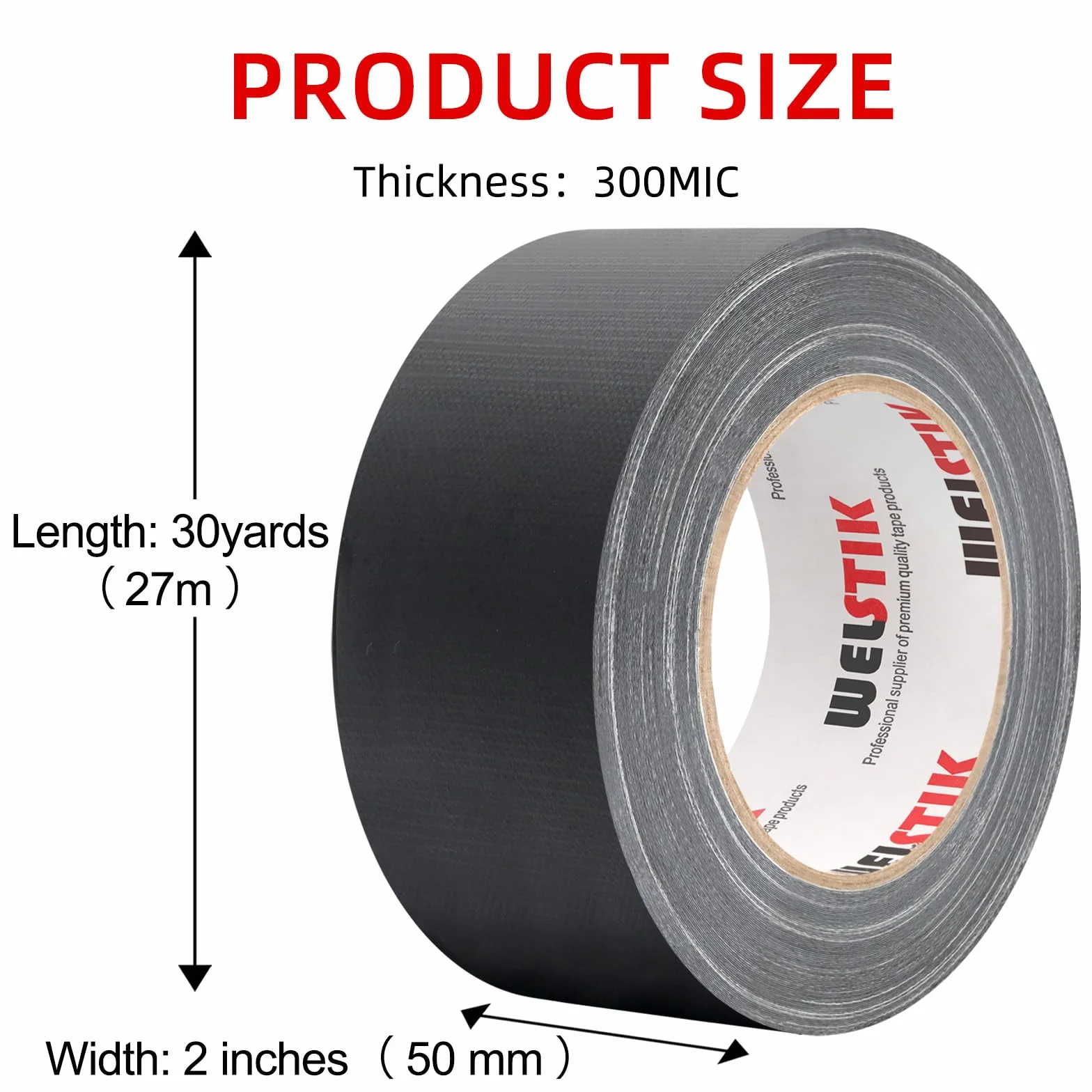 WELSTIK Cinta mate negra 300 micras x 50 mm x 27 m, impermeable, sin residuos, no reflectante, fácil de rasgar, cinta de escena mate