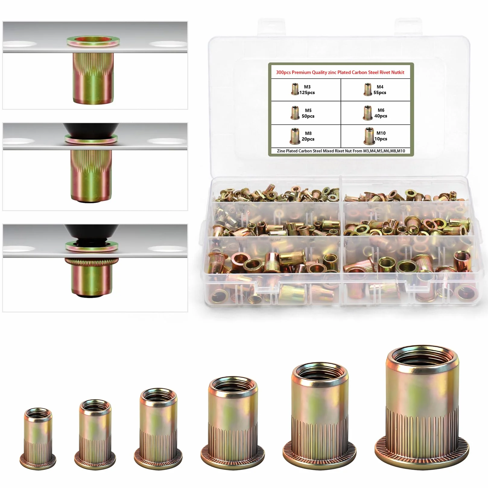 300 tuercas remachables de acero al carbono cincado – M3/M4/M5/M6/M8/M10 | Resistente, duradero y anticorrosivo. 6 tamaños aptos para metal, plástico y madera. Incluye caja de almacenamiento práctica.