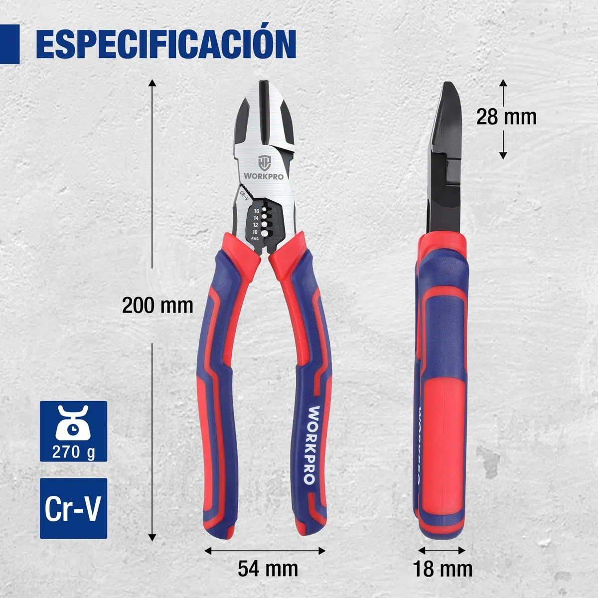 WORKPRO Alicates de Corte Diagonal, Cortadora Diagonal Professional 2 en 1, Pelacables, Cortador de Alambre, Acero Cromo Vanadio, con Mango Antideslizante (longitud 196 mm)