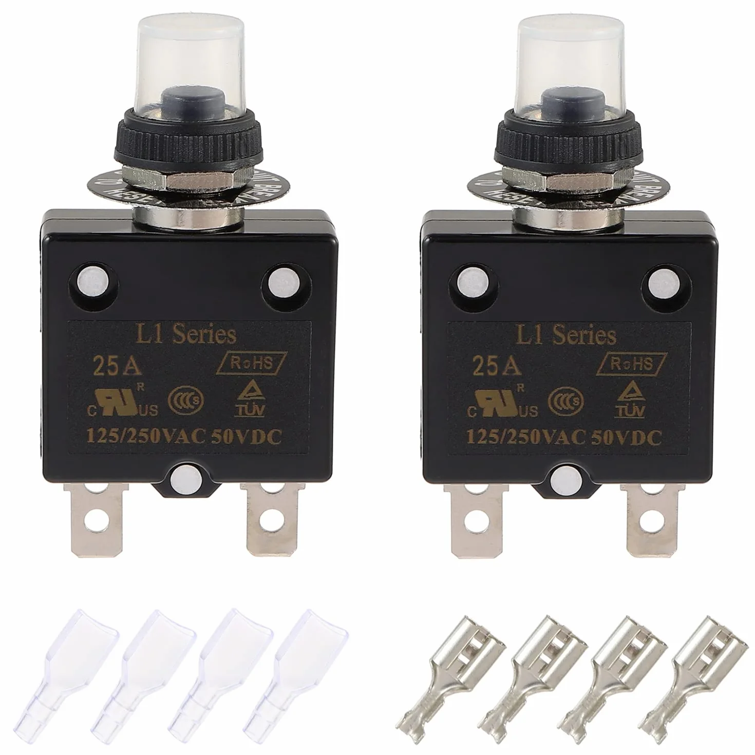 25A Disyuntor de botón de reinicio manual 125/250VAC 50VDC Protector de sobrecarga térmica con terminales de conexión rápida y cubierta de botón impermeable (paquete de 2 piezas)