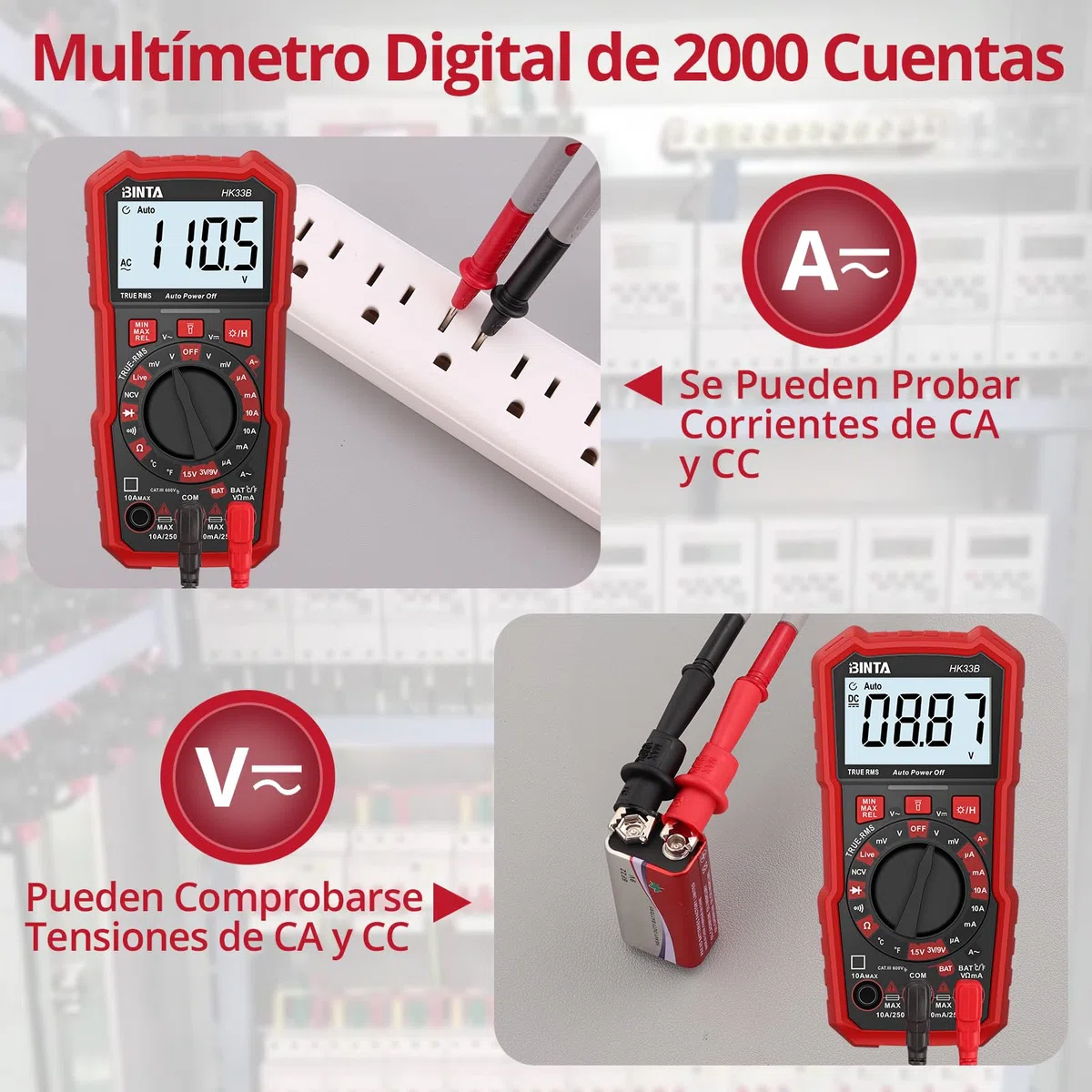 BINTA Multímetro Digital 2000 Cuentas Polimetro Digital, Mide Tensión CA/CC, corriente CA/CC,Temperatura, Prueba de Diodos, Continuidad, Resistencia con Cables de Prueba