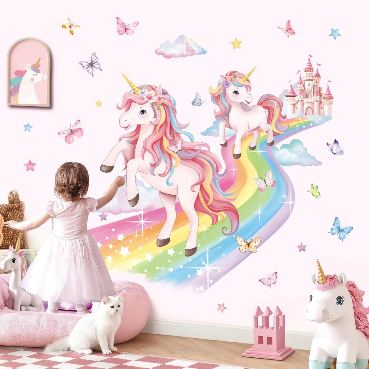 decalmile Pegatinas de Pared Infantiles Unicornio Arcoiris Grande Vinilos Decorativos Castillo Rosa Mariposa Nubes Adhesivos Pared Habitación Niña Bebé Guardería Dormitorio Baño