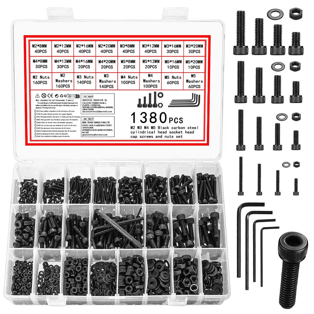 Vwoqiy 1380 Pcs Juego de Tornillos y Tuercas y Arandelas, M2 M3 M4 M5 Tornillos de Cabeza Hueca Hexagonal, Métricos Tornillería Tornillos Cabeza Hexagonales Negros para Reparación