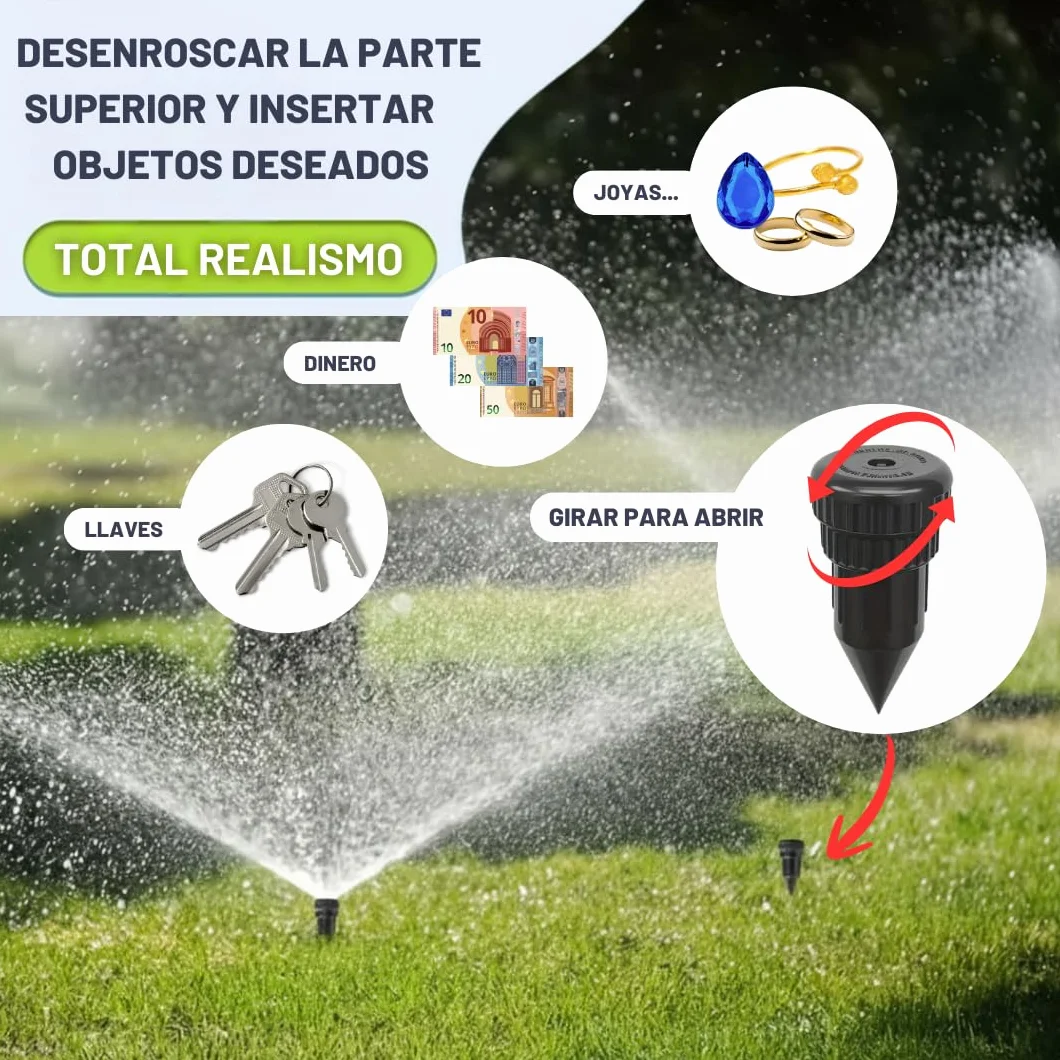Pack 4 Caja fuerte pequeña aspersor, Escondedor llaves jardín césped, caja seguridad oculta con compartimento secreto, caja escondite ideal para llaves y objetos de valor, escondite dinero