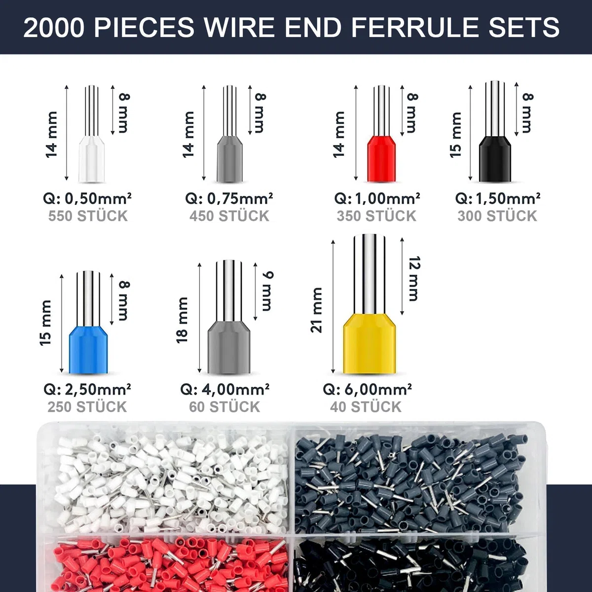 Juego de punteras para cables, 2000 piezas, juego de punteras para cables de 0,5-10 mm² (22-7 AWG), fundas para cables aisladas, surtido de punteras para cables para conexión de cables