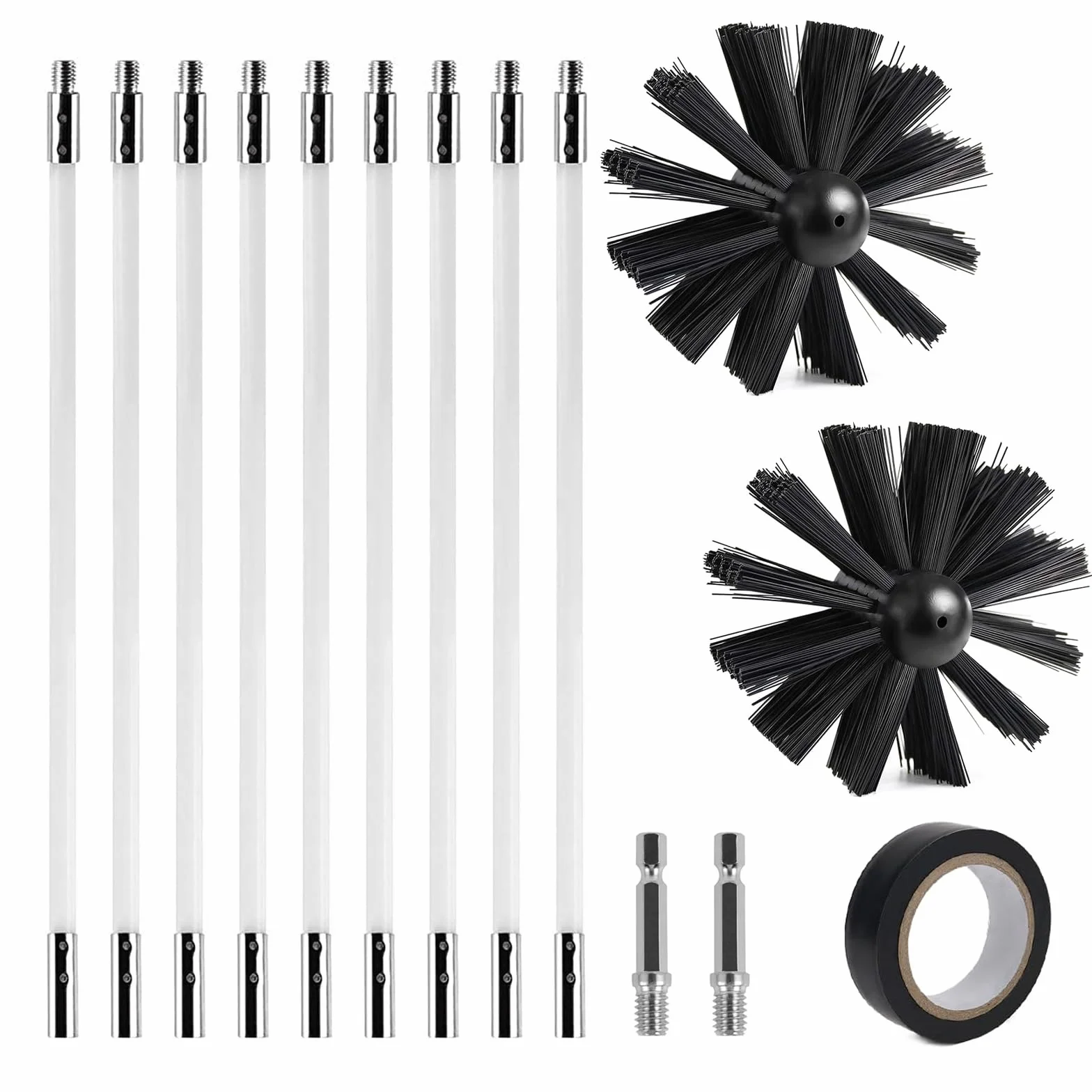 Kit de Cepillo Limpieza Chimenea, 150mm Cepillo para Chimenea Rotativo de Nylon, Deshollinador de Chimeneas, Cepillo para Limpiar Chimeneas con 9 Varillas Flexibles, para Conducto, Tubo, Secadora