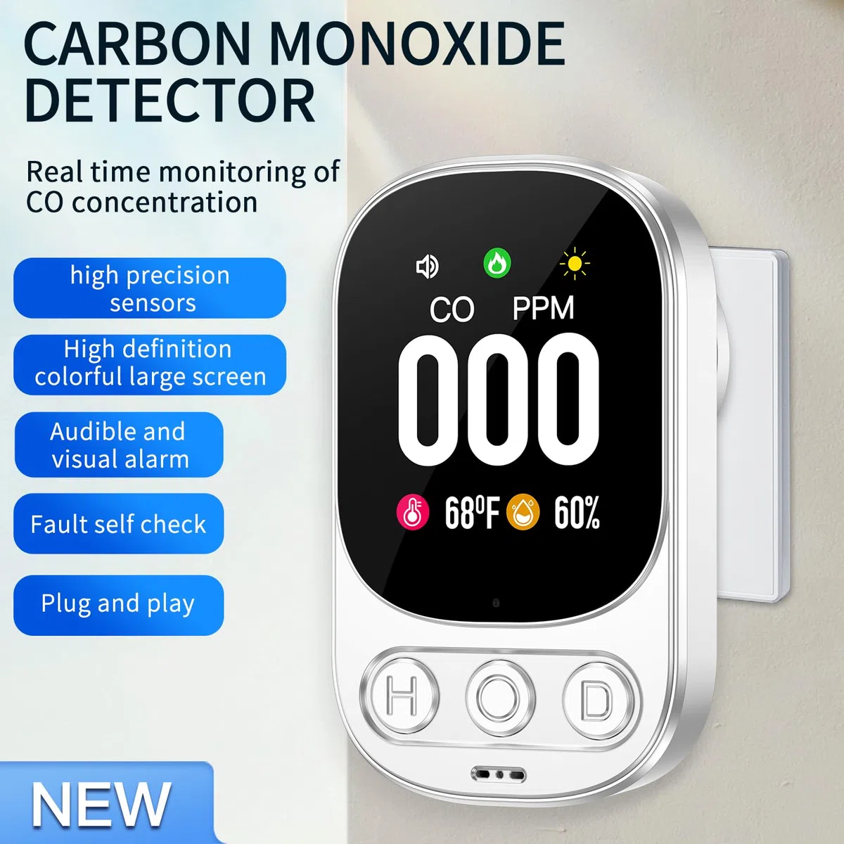 3-in-1 Plug in Detector Monoxido de Carbono con 2.1'' HD Pantalla, CO Temperatura Humedad Alarma para Casa hoteles, Blanco (EN 50291 Approved)