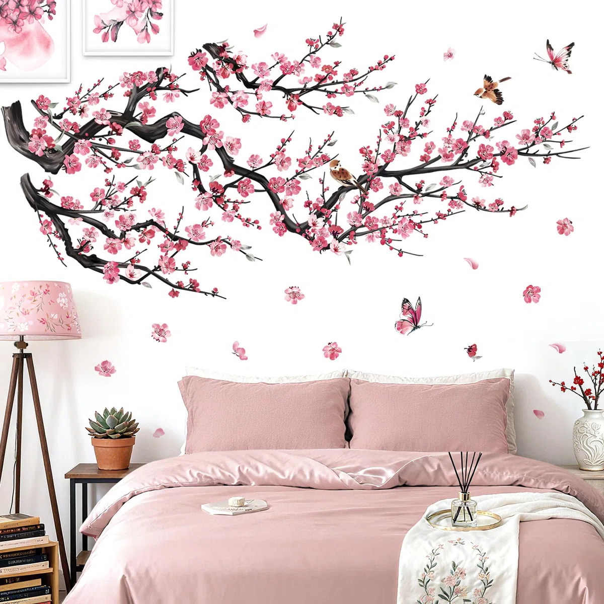 decalmile Pegatinas de Pared Árbol de Flores Rosa Vinilos Decorativos Flores de Cerezo Pájaros en Rama Árbol Adhesivos Pared Dormitorio Habitación Salón Oficina