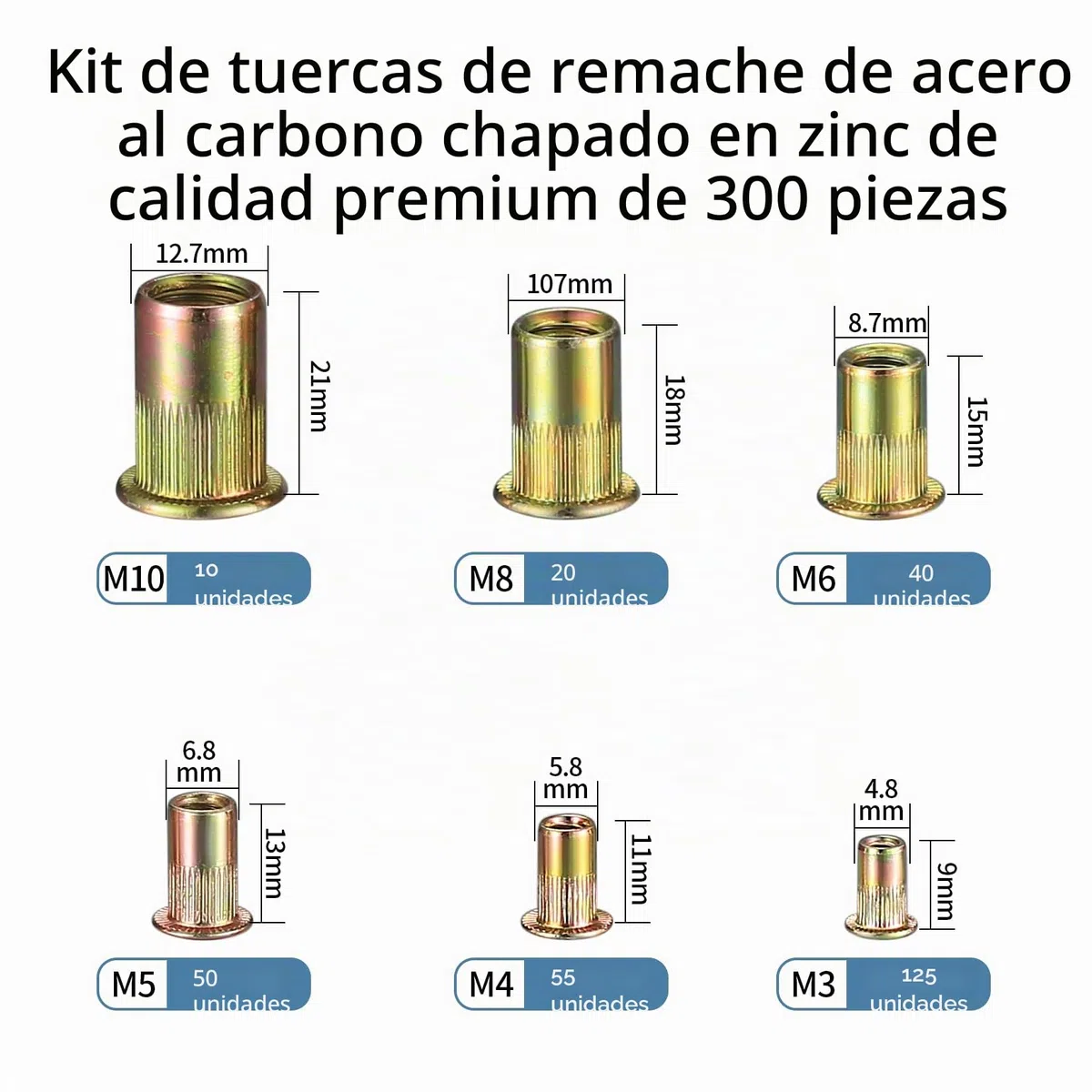 300 tuercas remachables de acero al carbono cincado – M3/M4/M5/M6/M8/M10 | Resistente, duradero y anticorrosivo. 6 tamaños aptos para metal, plástico y madera. Incluye caja de almacenamiento práctica.