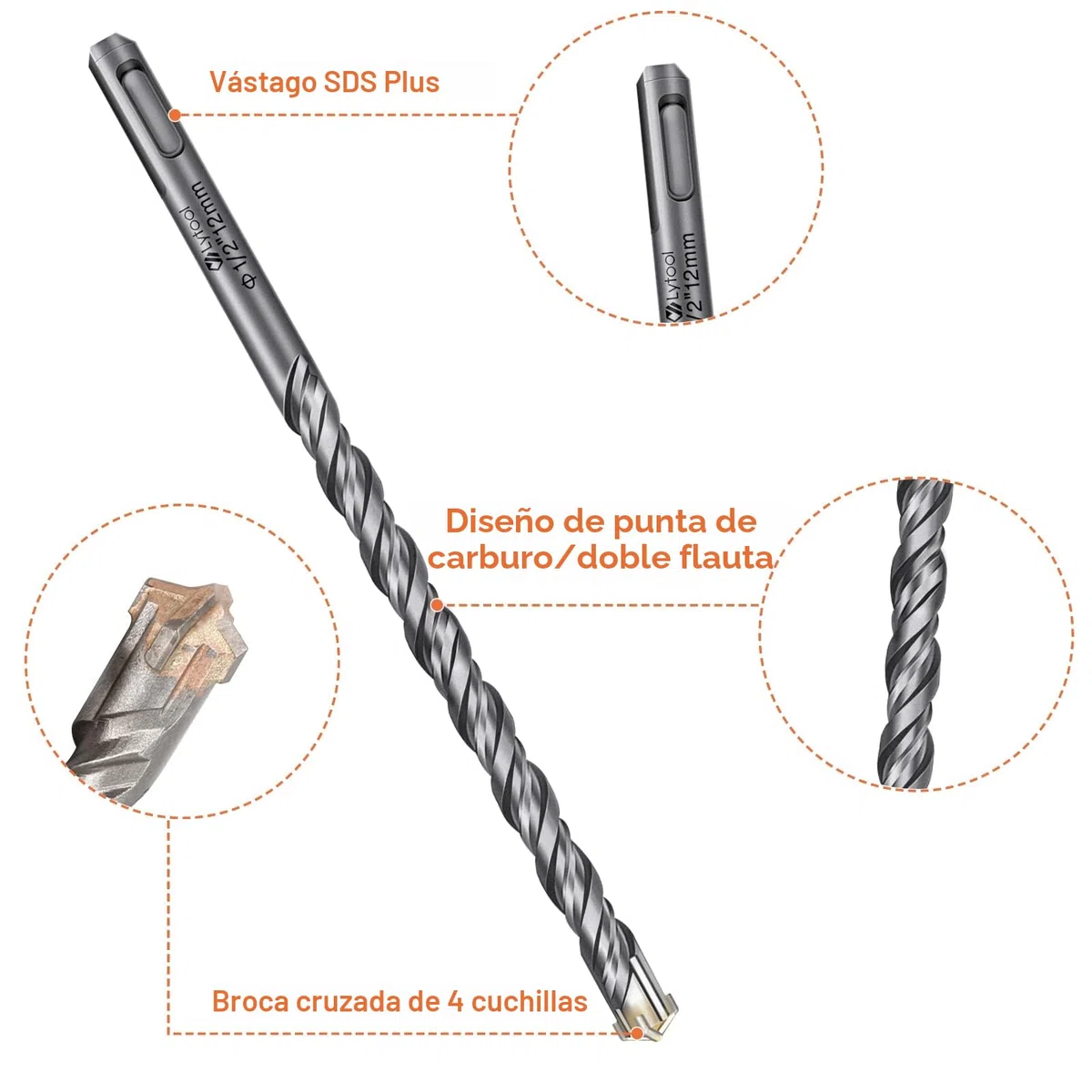 10 pieza Juego de Brocas SDS-Plus, Lytool Profesional Brocas Hormigón de Cruceta para Taladrar en Hormigón, Piedra Natural, Mampostería (5, 6, 8, 10, 12 mm)