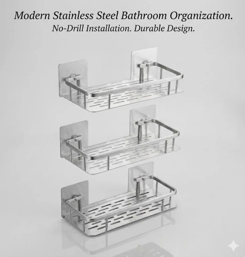 Genérico Estante de Baño de Acero Inoxidable, 3 Piezas, Adhesivo sin Taladro, Plateado, 31.5 x 12 cm, Montaje en Pared