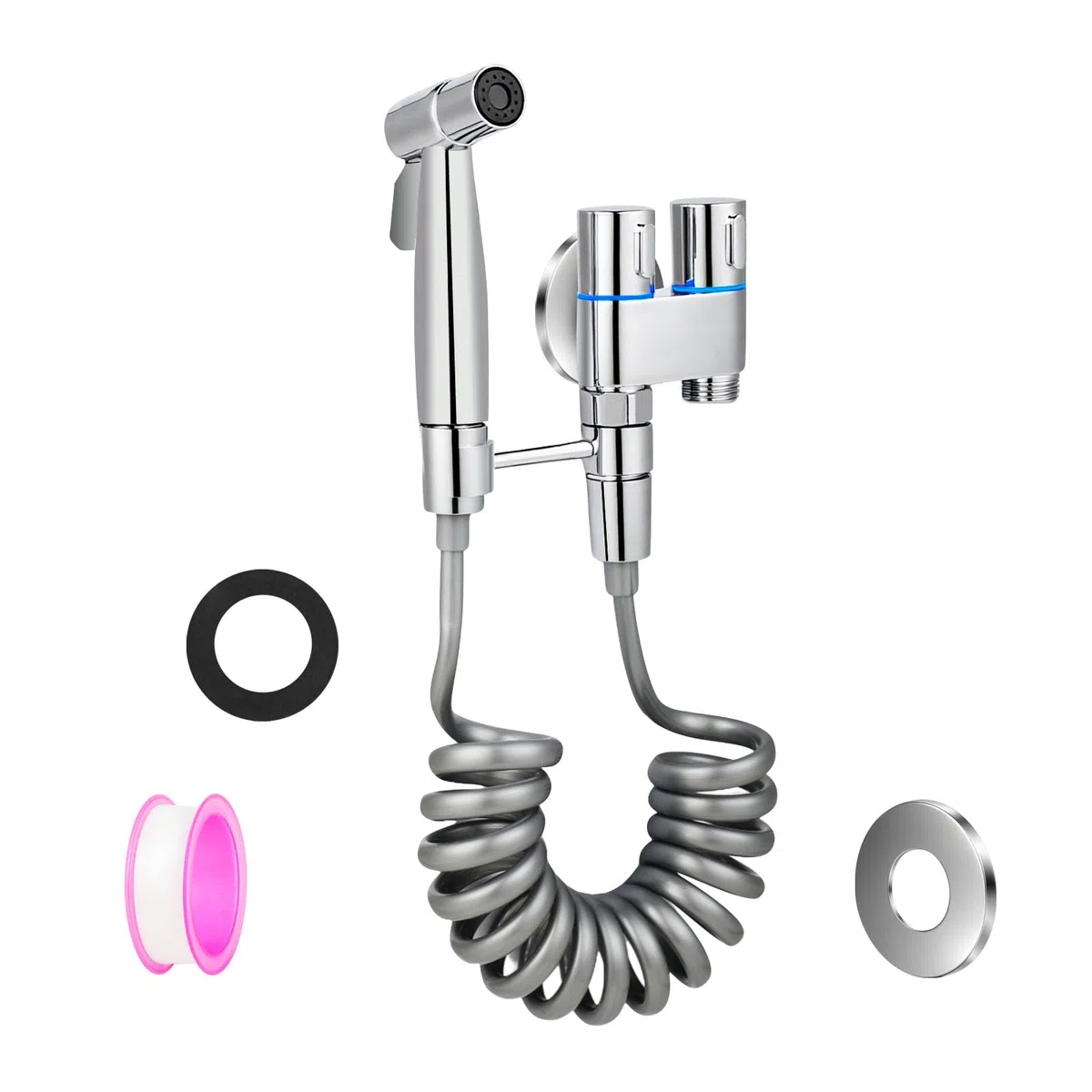 Bidet para WC - Set de Ducha Higiénica con Manguera 1.5 m y Válvula 2 Vías - Grifo de Alta Presión y Ahorro de Agua - Ducha Ergonómica para Baño y Cocina (Plata)