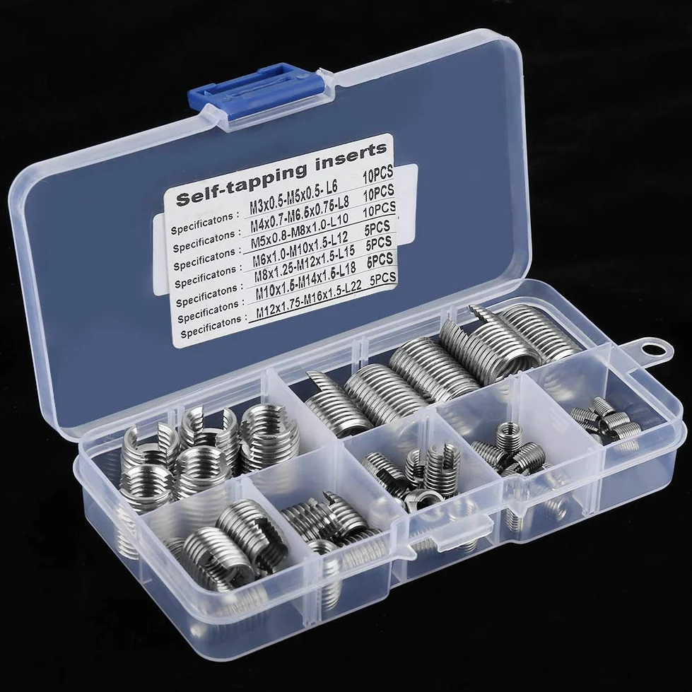 Rosca autorroscante, hilo interno de 50 piezas Insertos de rosca autorroscantes Juego de acero inoxidable plateado para refuerzo del hilo (M3 M4 M5 M6 M6.5 M8 M10 M12 M14 M16)