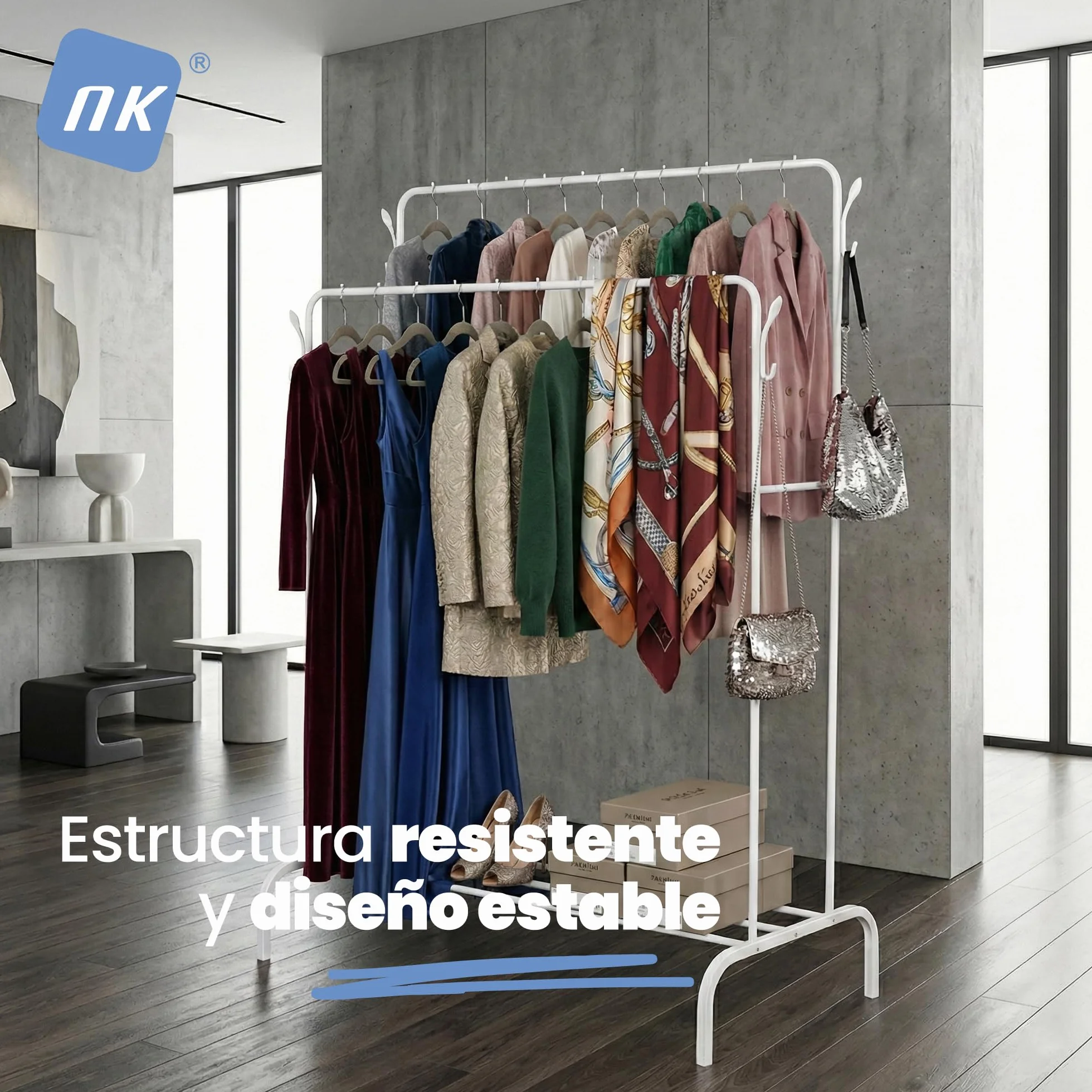 NK Burro Ropa Resistente – Estructura Hierro Blanco, 150x110x54cm, Soporte hasta 50kg, 4 Colgadores Laterales, Base inferior, Fácil Montaje, Perchero Burro Ropa
