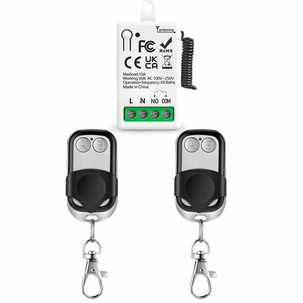 Interruptor de Control Remoto Inalámbrico 220V 230V 110V 1 Canal 433Mhz Radio Control Relé Receptor con 2 Transmisor keyfobs Contactos libres de potencial Relé para Luz/Ventilador/Abrepuertas