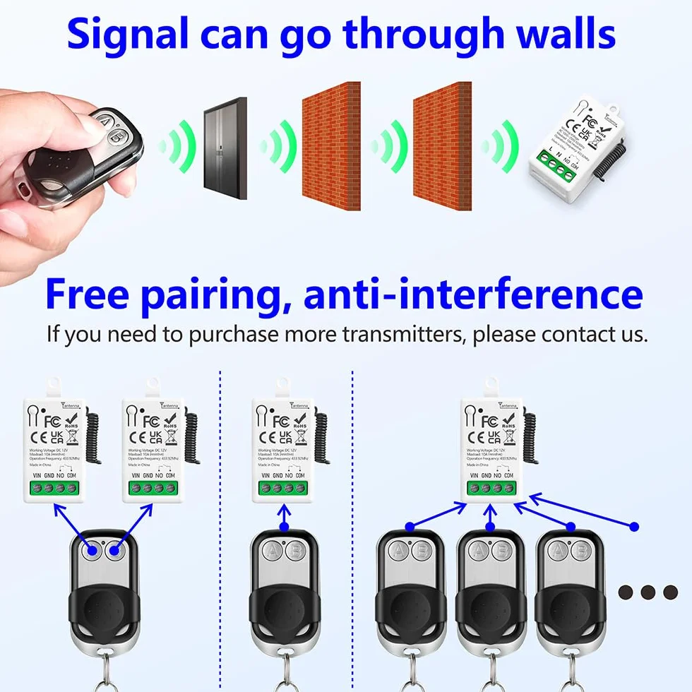 Interruptor de Control Remoto Inalámbrico 220V 230V 110V 1 Canal 433Mhz Radio Control Relé Receptor con 2 Transmisor keyfobs Contactos libres de potencial Relé para Luz/Ventilador/Abrepuertas