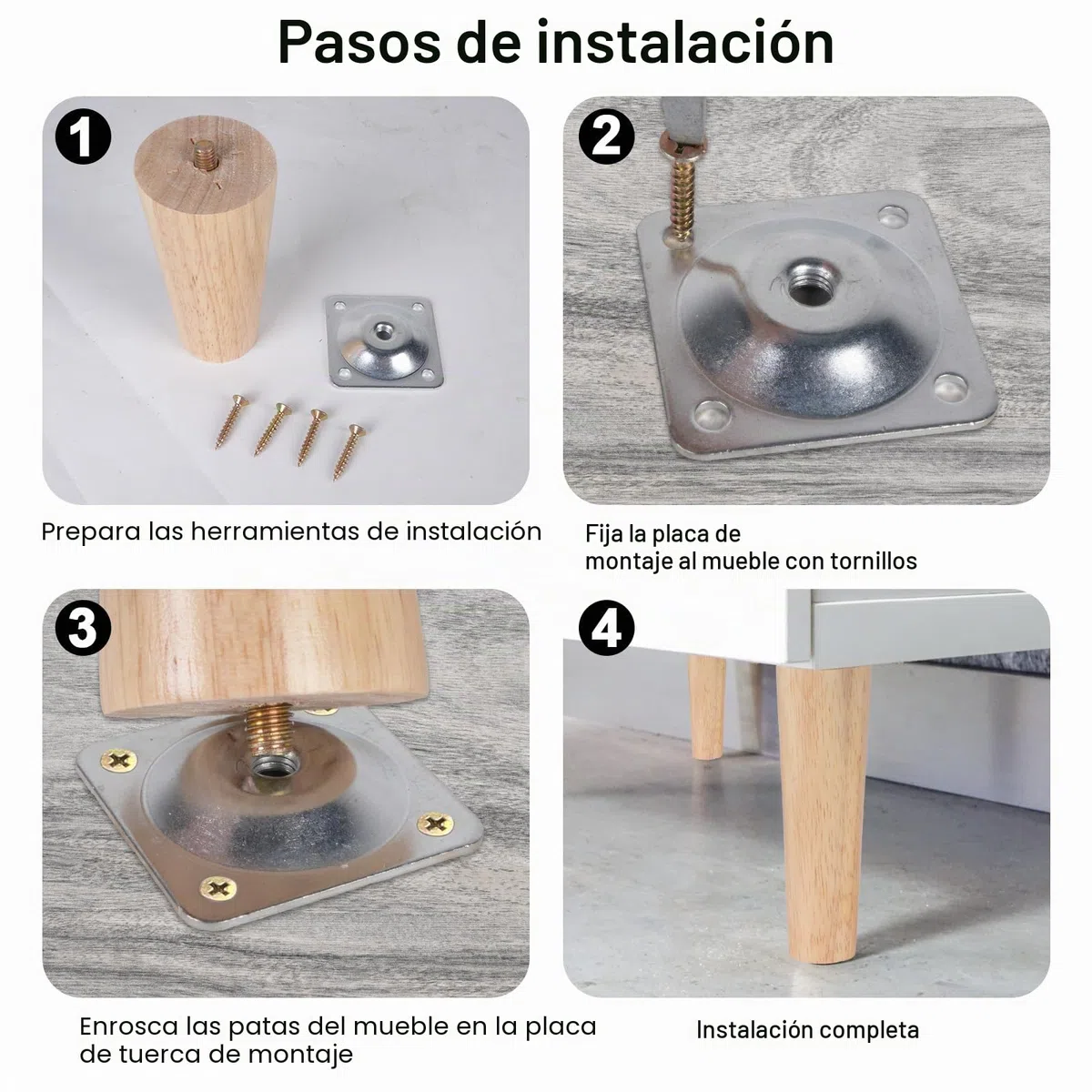 6 Piezas Patas para Muebles Madera 15cm Pies para Muebles con Placa de Montaje Tornillos y Protectores de Suelo Patas para Cama Mesa de Té Sofá Cajonera Mueble TV