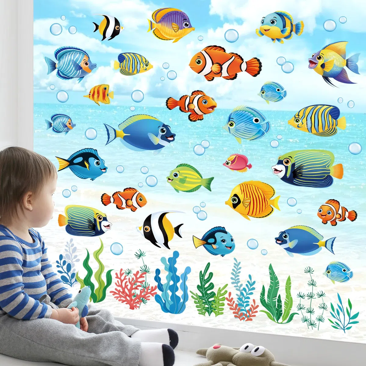 decalmile Pegatinas de Ventana Bajo el Mar Tropical Peces Vinilos para Ventanas Océano Peces Algas Hierba Anticolisión Vinilo No Adhesivo de Pegatinas Vidrio Ventana