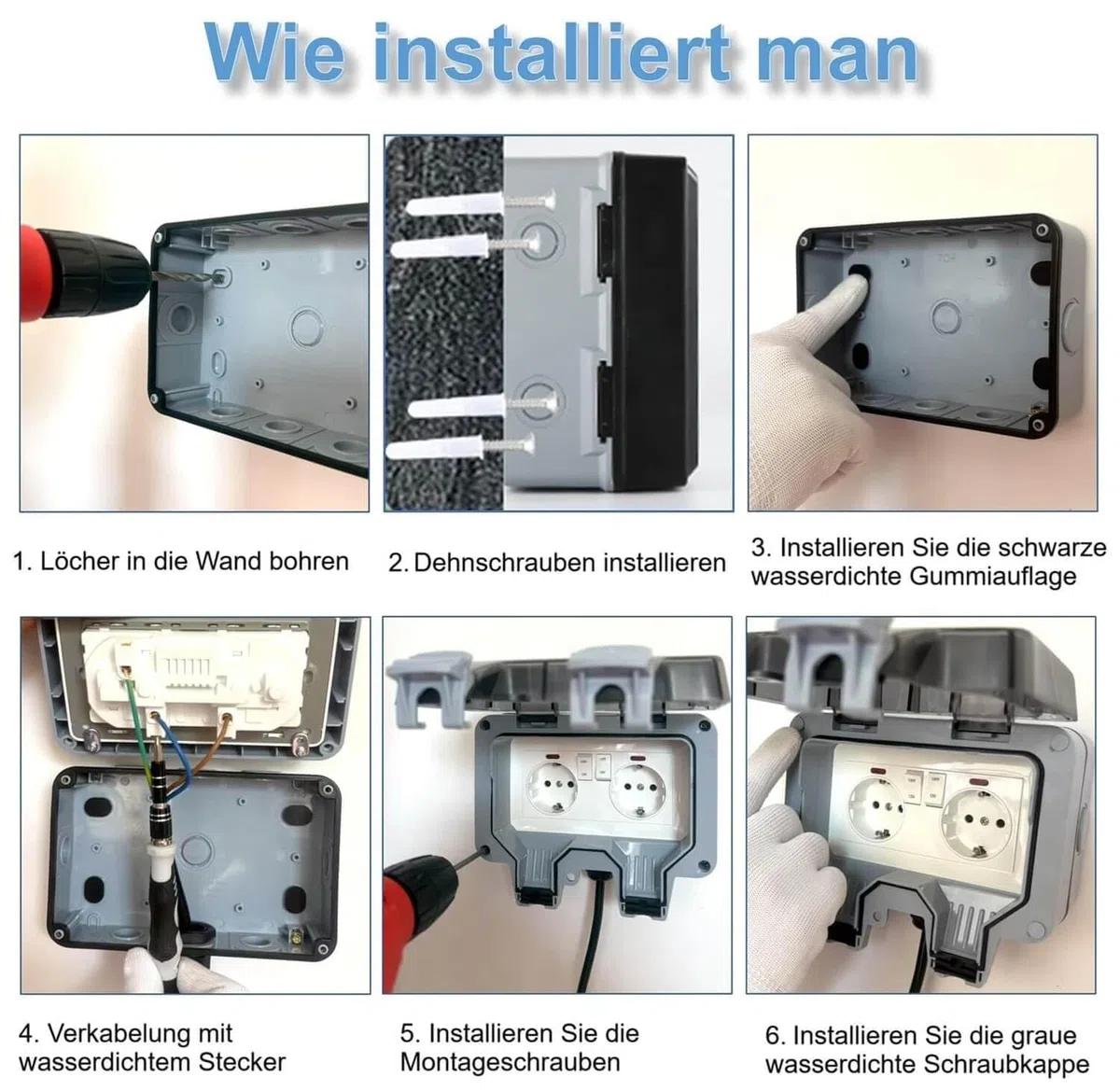 Enchufe Pared Superficie Exterior Estanco, Enchufe Superficie Doble Exterior Impermeable, Toma de Corriente IP66 con Interruptor y Luz, 16A, Gris