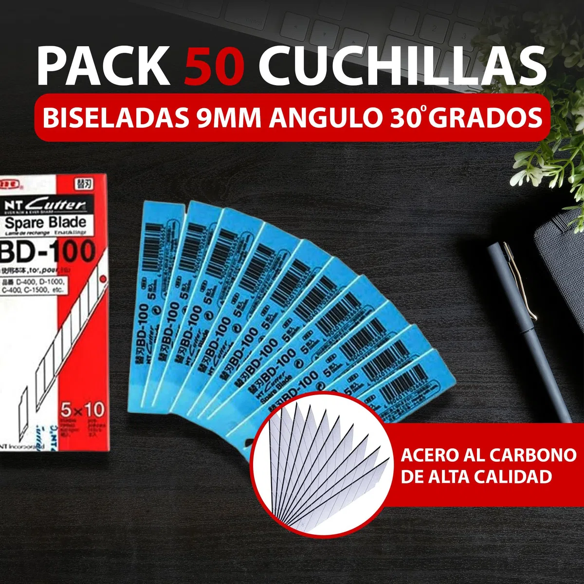 PACK 50 Cuchillas Biseladas 9 MM Angulo 30º Grados - Hojas Recambios para Cuter Estrecho NT CUTTER BD-100