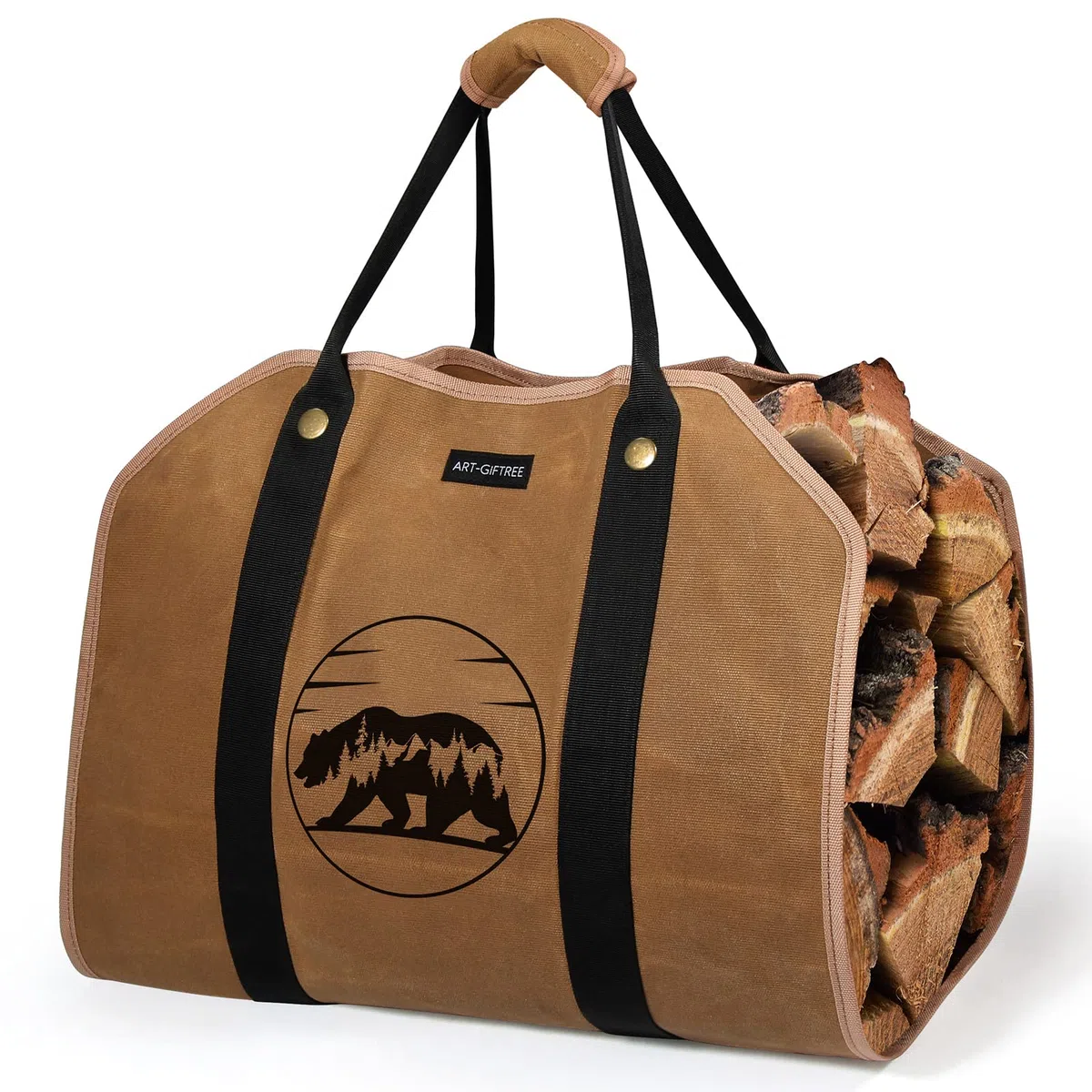 Bolsa grande de lona encerada para leña, 39 x 18 pulg., con asas y soporte de madera resistente para chimenea