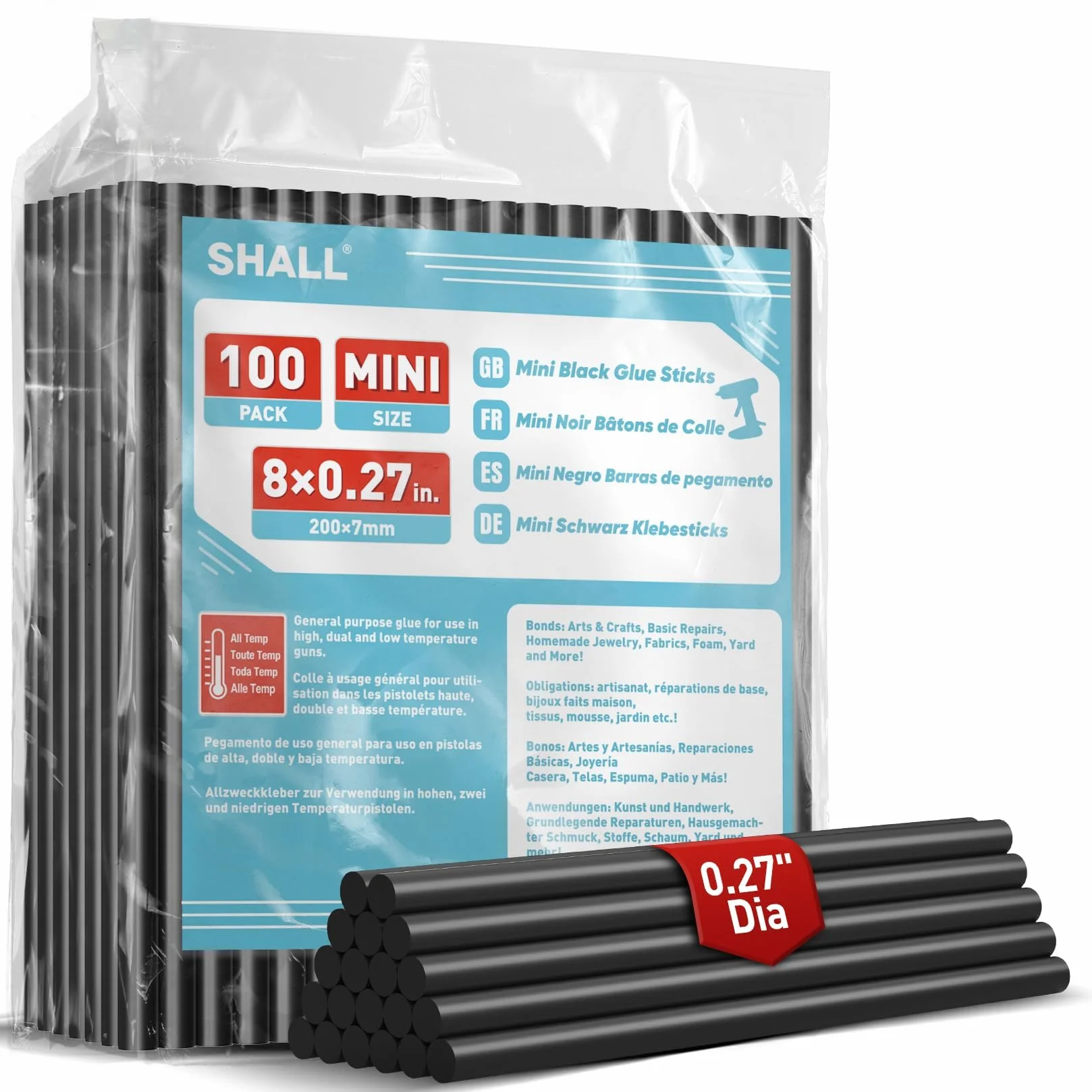 SHALL-Paquete de 100 barras de pegamento negras, barras de pegamento caliente de 0,27 "x 8" (7mm x 200mm) para pistolas de pegamento de todas las temperaturas, bricolaje multiusos